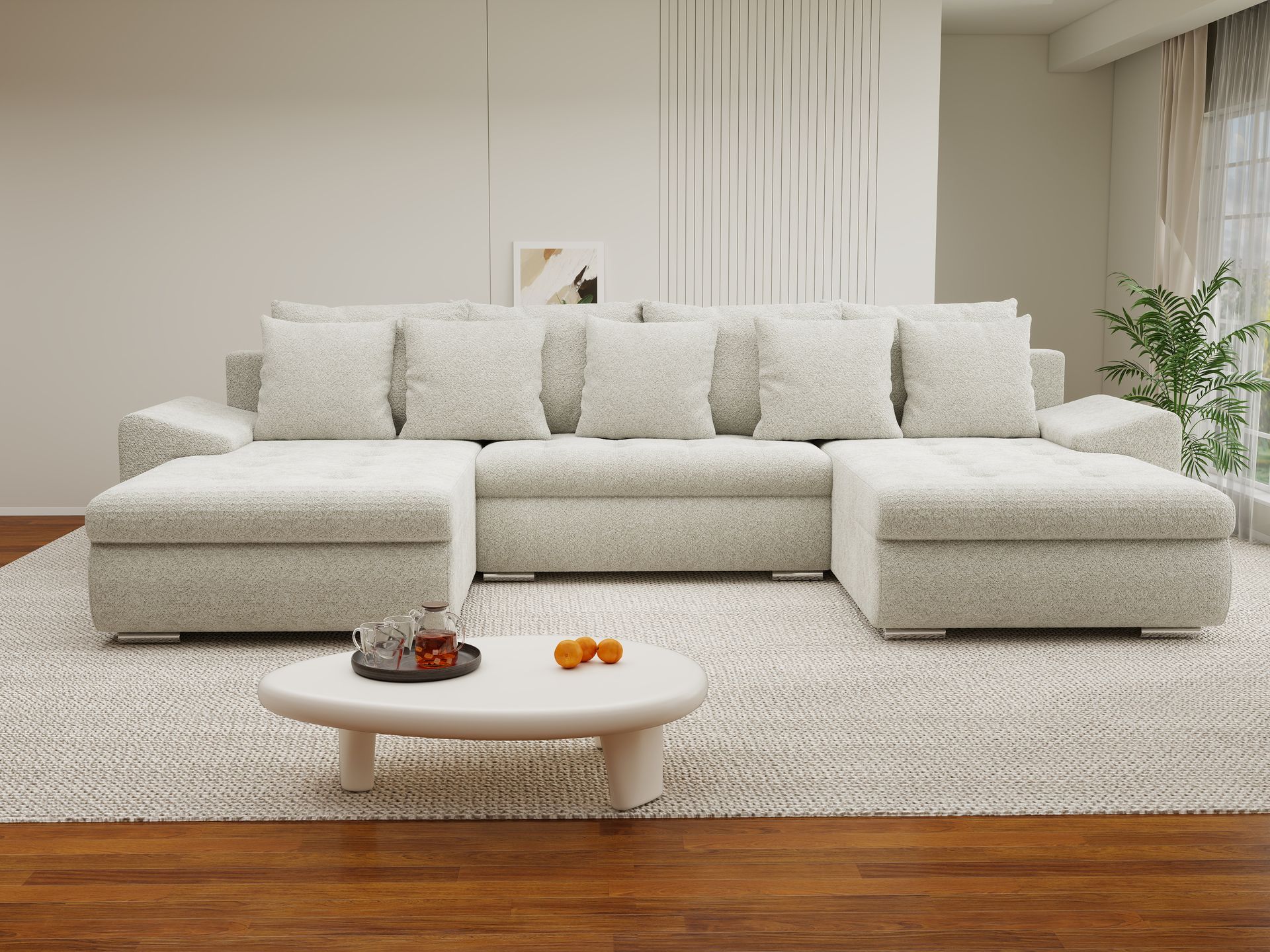 Colțar extensibil dumonde cu ladă de depozitare si sezut confortabil din spuma high-density, Leonardo U Arena Bej 20 360x185 cm