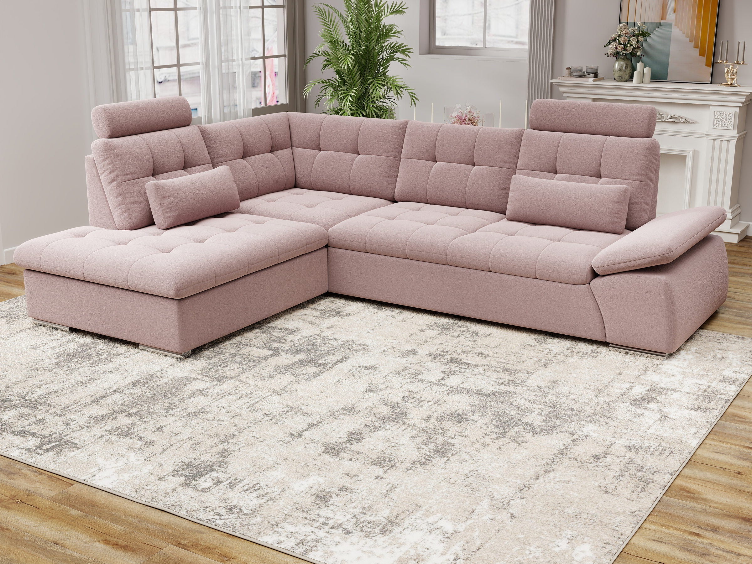 Colțar extensibil dumonde cu ladă de depozitare și șezut confortabil din spumă HR, Merkur XL Royal Roz 256x217 cm