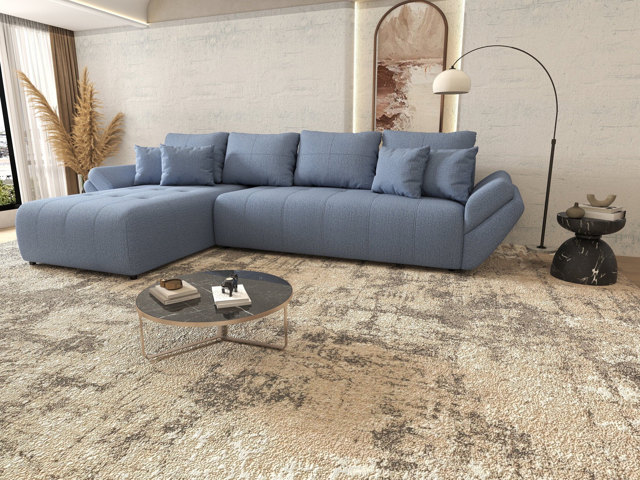 Colțar extensibil dumonde cu ladă de depozitare si sezut confortabil din spuma HR, Berlin XL Enjoy Blue 350x185 cm