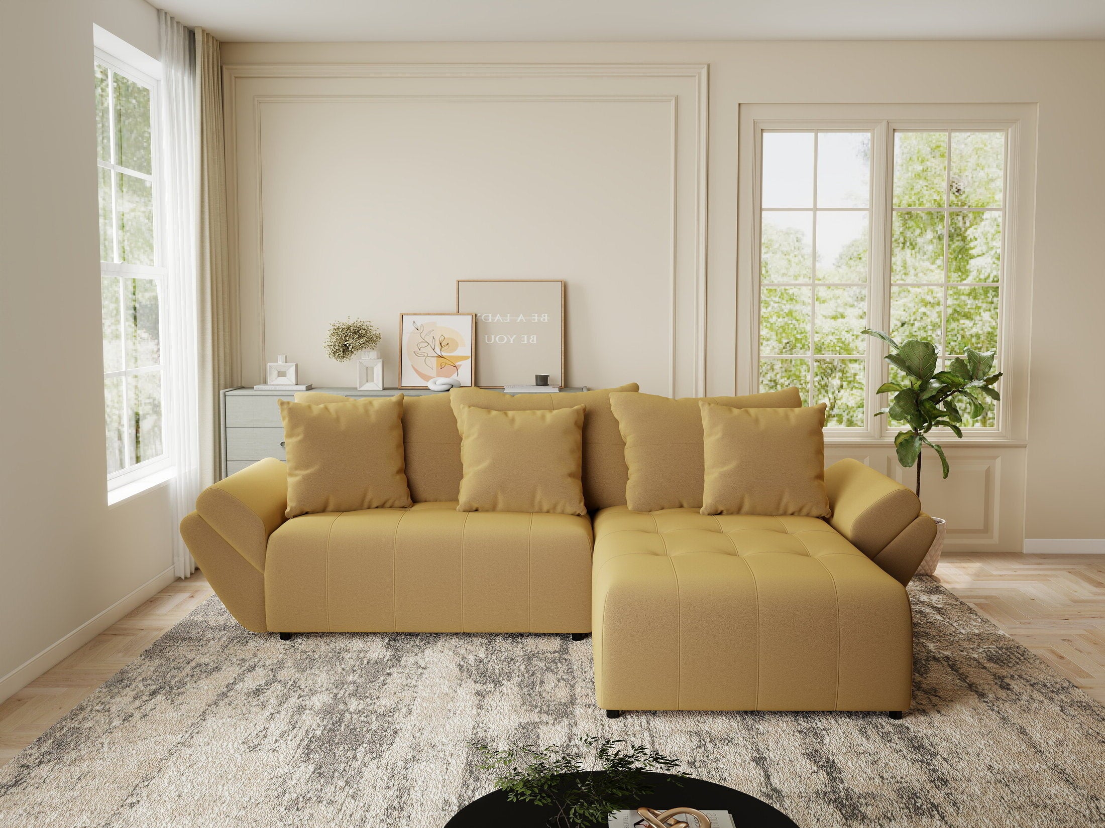 Colțar extensibil dumonde cu ladă de depozitare si sezut confortabil din spuma HR, Berlin Royal Galben Mustar 280x185 cm II