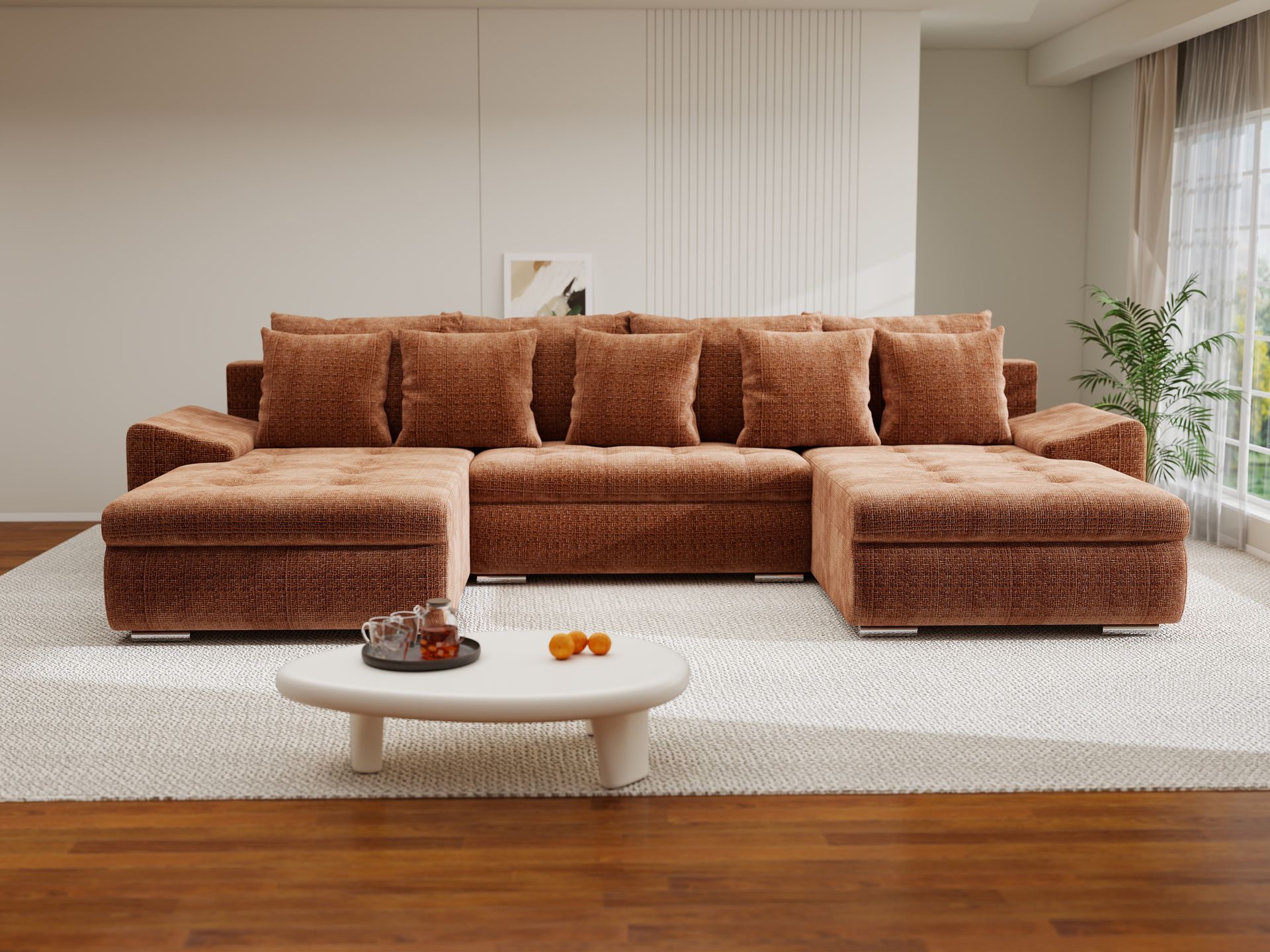 Colțar extensibil dumonde cu ladă de depozitare si sezut confortabil din spuma high-density, Leonardo U Cremona Teracota 52 360x185 cm
