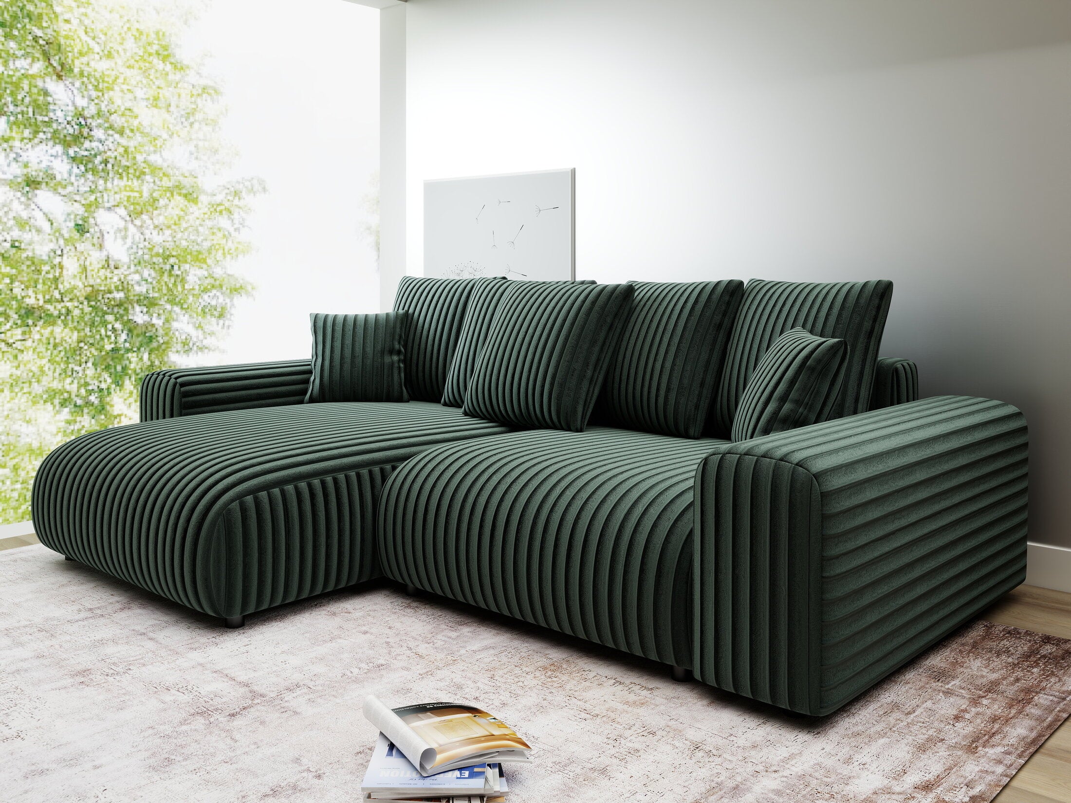 Colțar extensibil dumonde cu ladă de depozitare și șezut confortabil din spumă HR, Luma Ambience Verde 255x168 cm