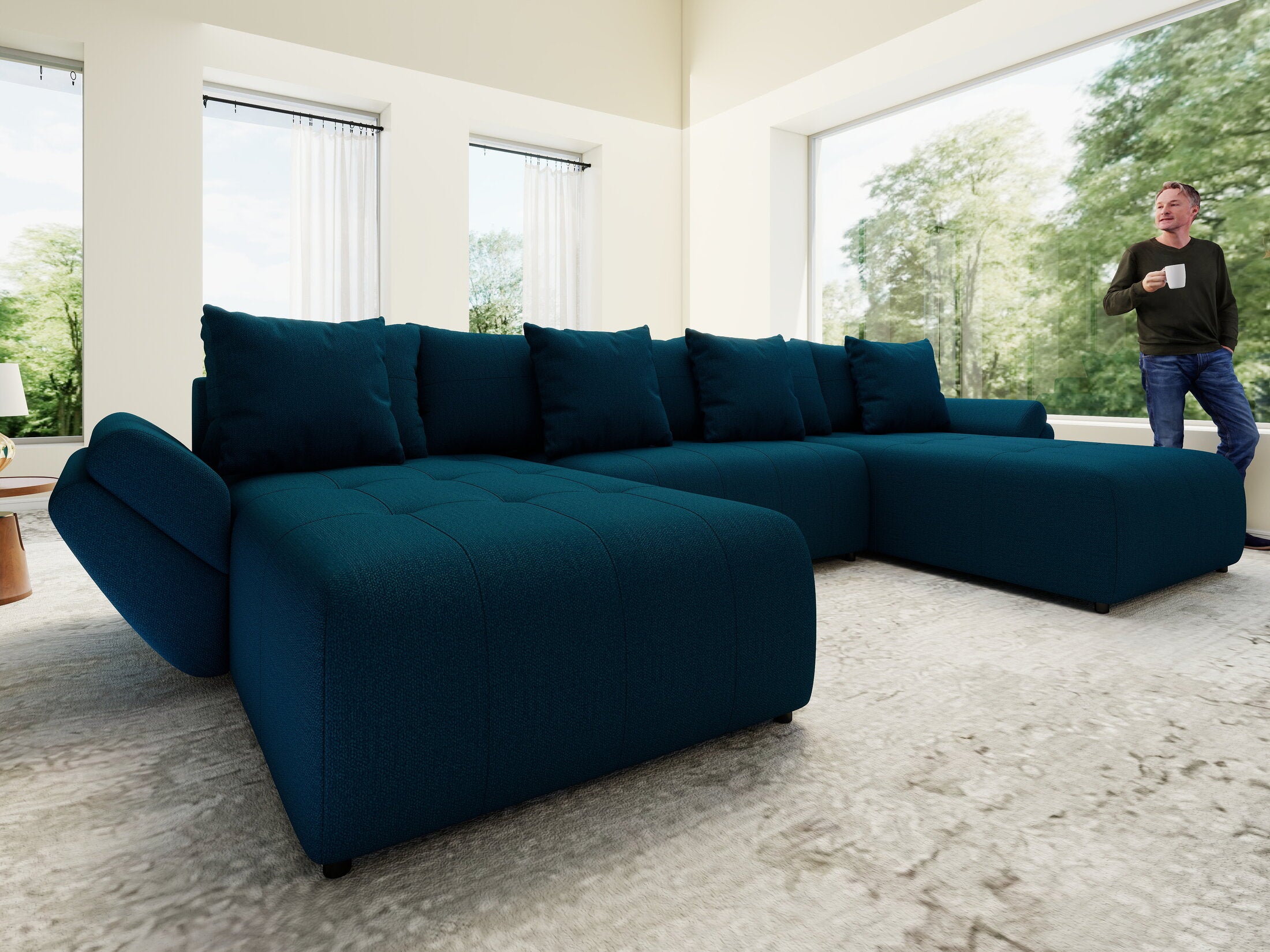 Colțar extensibil dumonde cu ladă de depozitare si sezut confortabil din spuma HR, Berlin U Enjoy Verde Petrol 380x180 cm