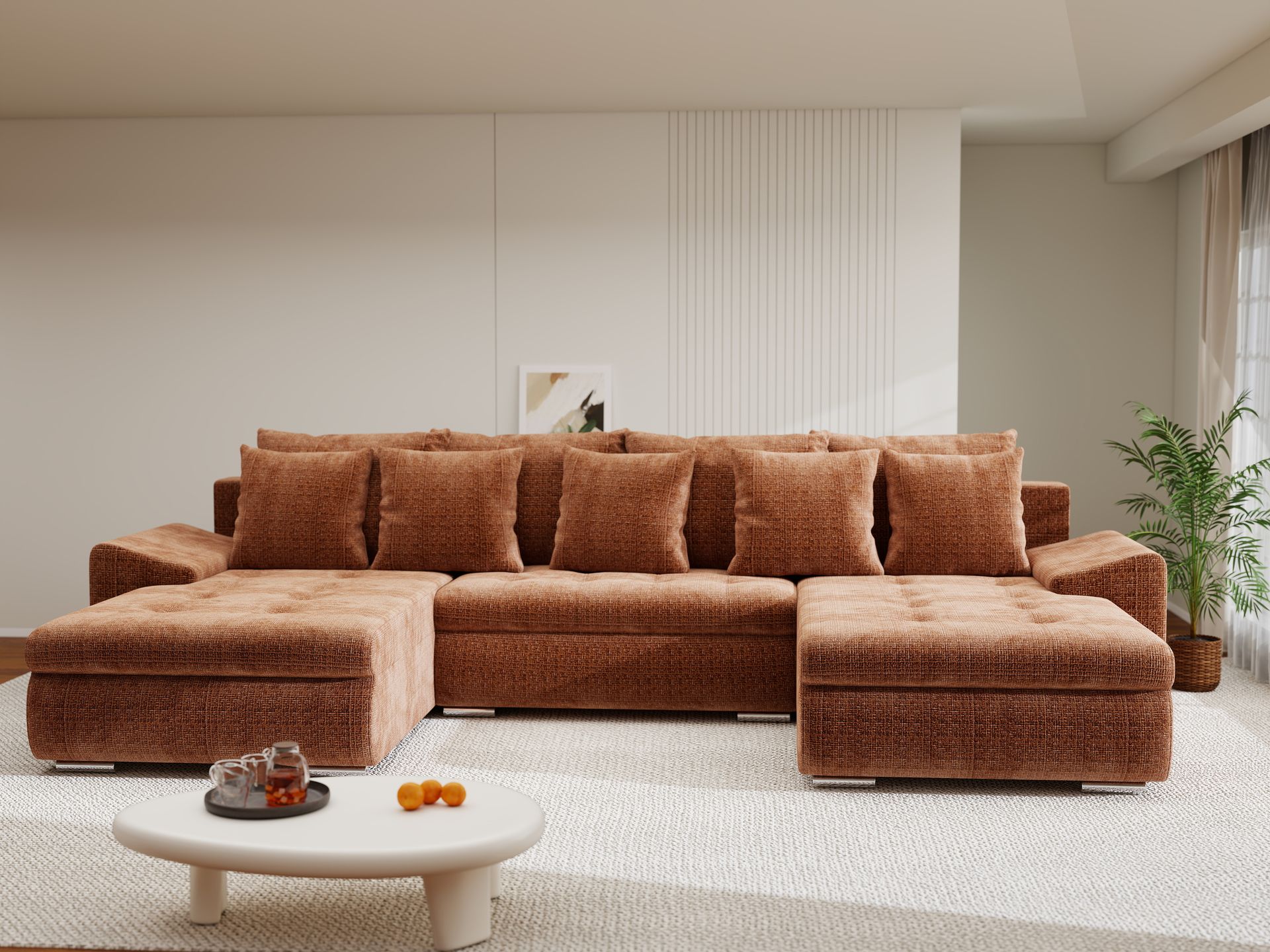 Colțar extensibil dumonde cu ladă de depozitare si sezut confortabil din spuma high-density, Leonardo U Cremona Teracota 52 360x185 cm