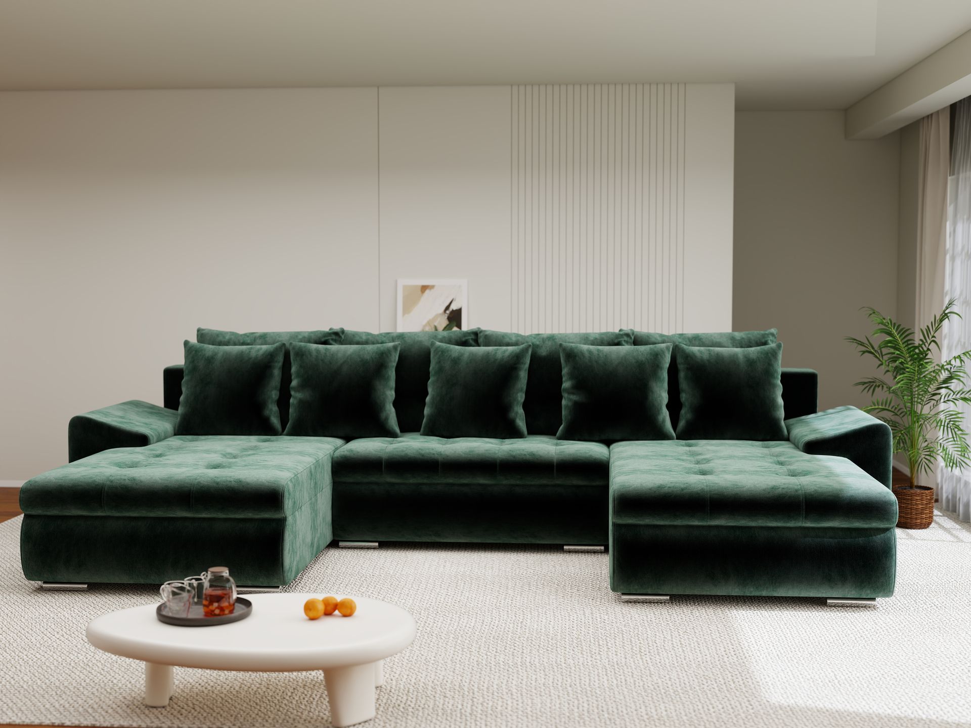 Colțar extensibil dumonde cu ladă de depozitare si sezut confortabil din spuma high-density, Leonardo U Monolith Verde 37 360x185 cm