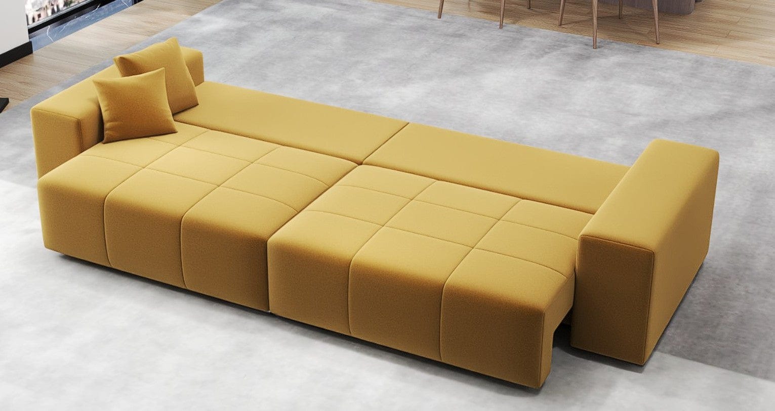 Canapea extensibilă dumonde cu ladă de depozitare si sezut confortabil din spuma HR, Marbela Royal Mustar XXL 295x100 cm fabrica