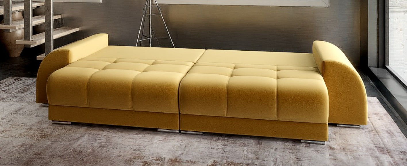 Canapea extensibilă dumonde cu 2 lăzi de depozitare si sezut confortabil din spuma HR, Verona Royal Mustar 310x100 cm Fabrica