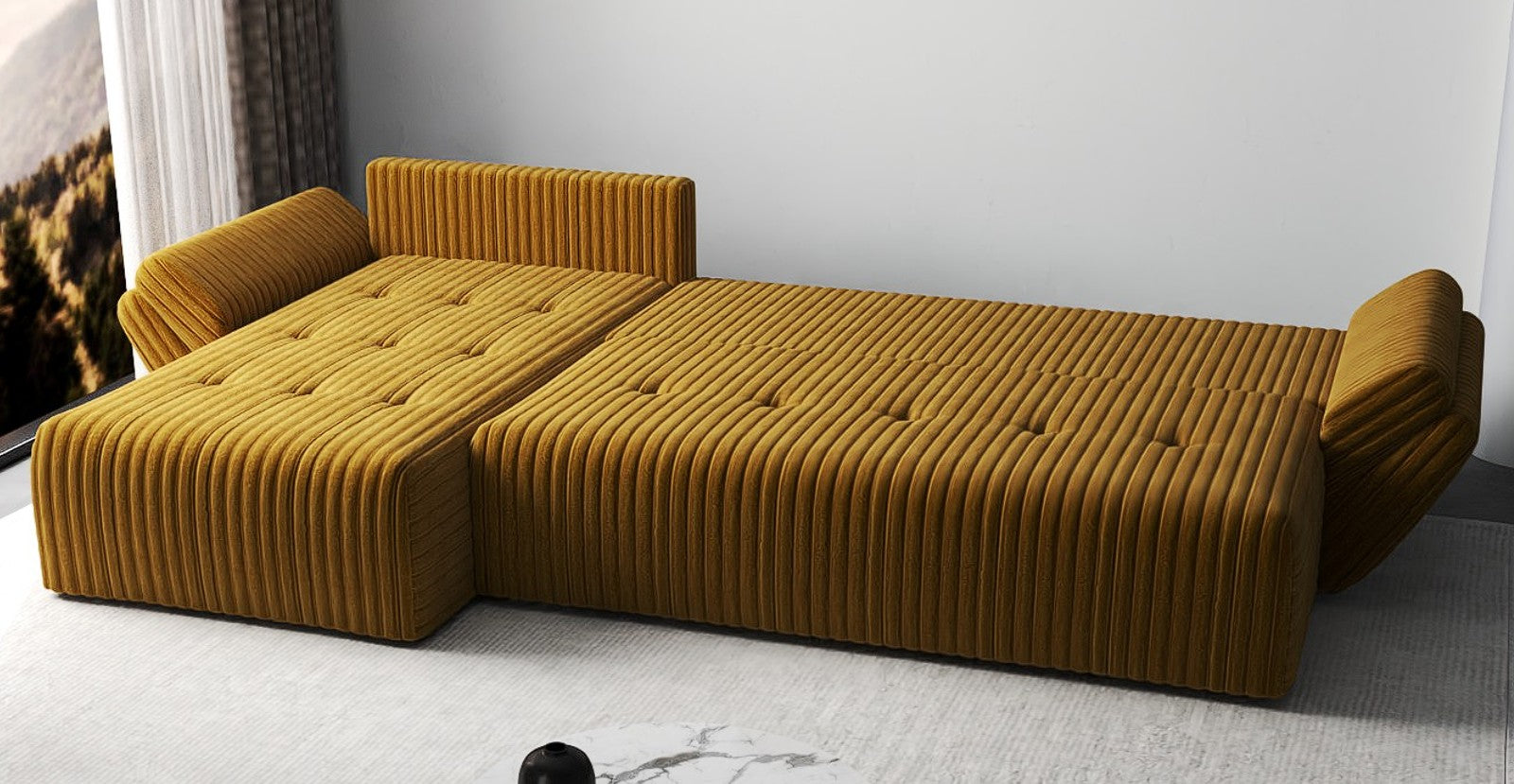Colțar extensibil dumonde cu ladă de depozitare si sezut confortabil din spuma HR, Berlin XL Ambience Mustar 350x185 cm Fabrica