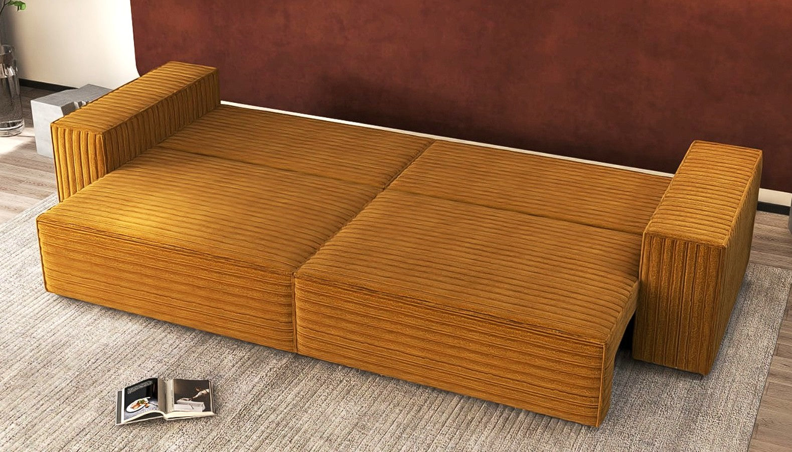 Canapea extensibilă dumonde cu ladă de depozitare si sezut confortabil din spuma HR, Dream Ambience Mustar 310x100 cm Fabrica