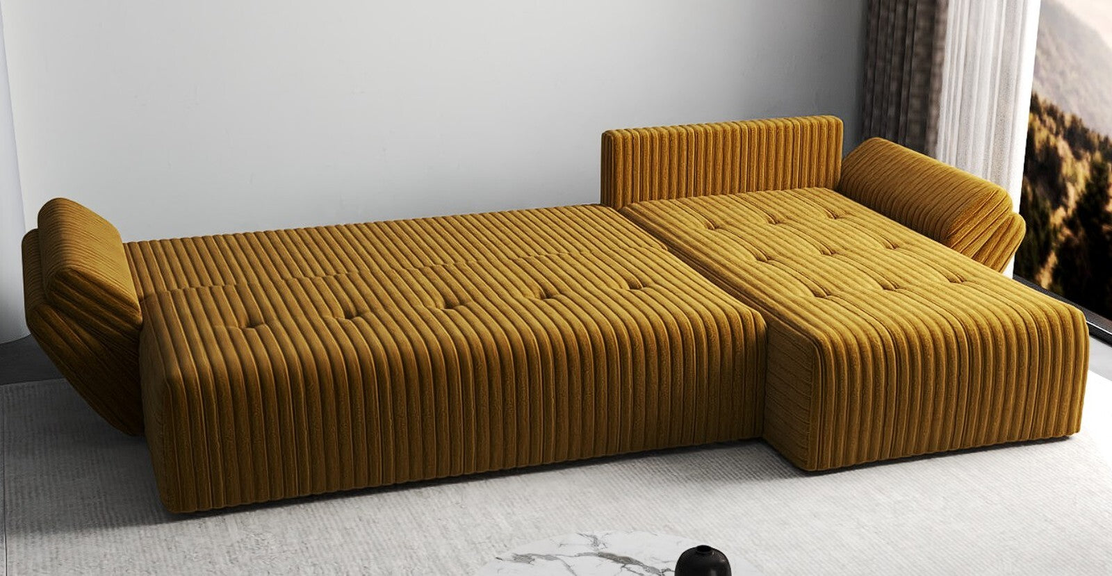 Colțar extensibil dumonde cu ladă de depozitare si sezut confortabil din spuma HR, Berlin XL Ambience Mustar II 350x185 cm Fabrica