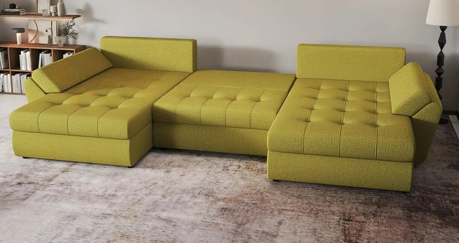 Colțar extensibil dumonde cu ladă de depozitare si sezut confortabil din spuma HR, Loana U Green Lux 355x185 cm Fabrica