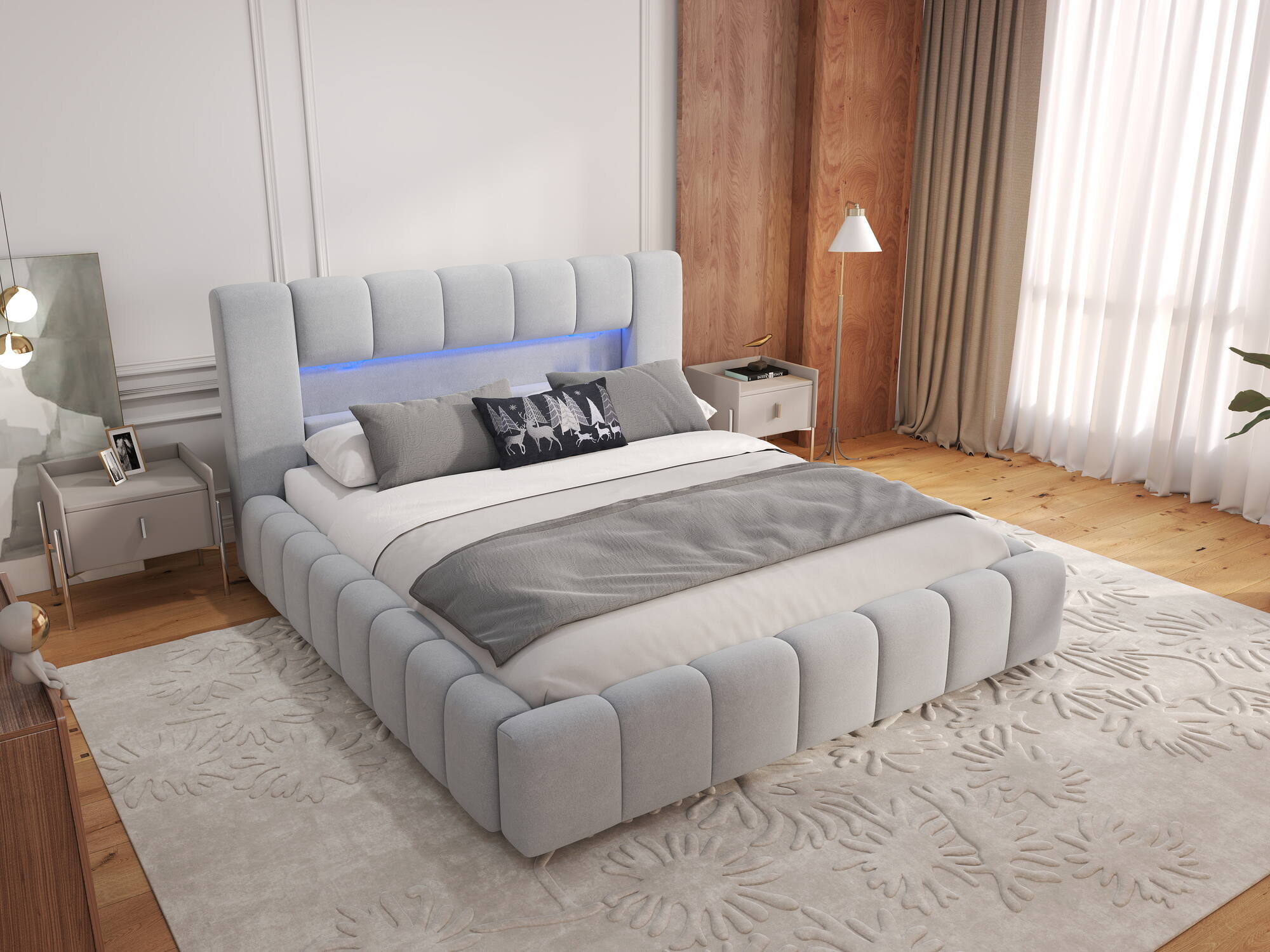 Pat dormitor dumonde, tapitat bej, Palermo 180X200 cm, somiera rabatabila inclusa, spatiu depozitare