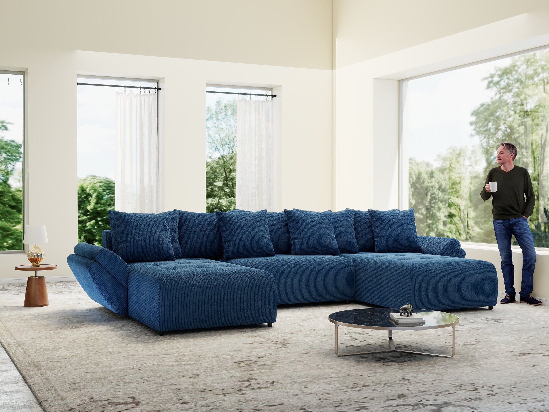 Colțar extensibil dumonde cu ladă de depozitare Berlin U Zoom Blue 400x185 cm