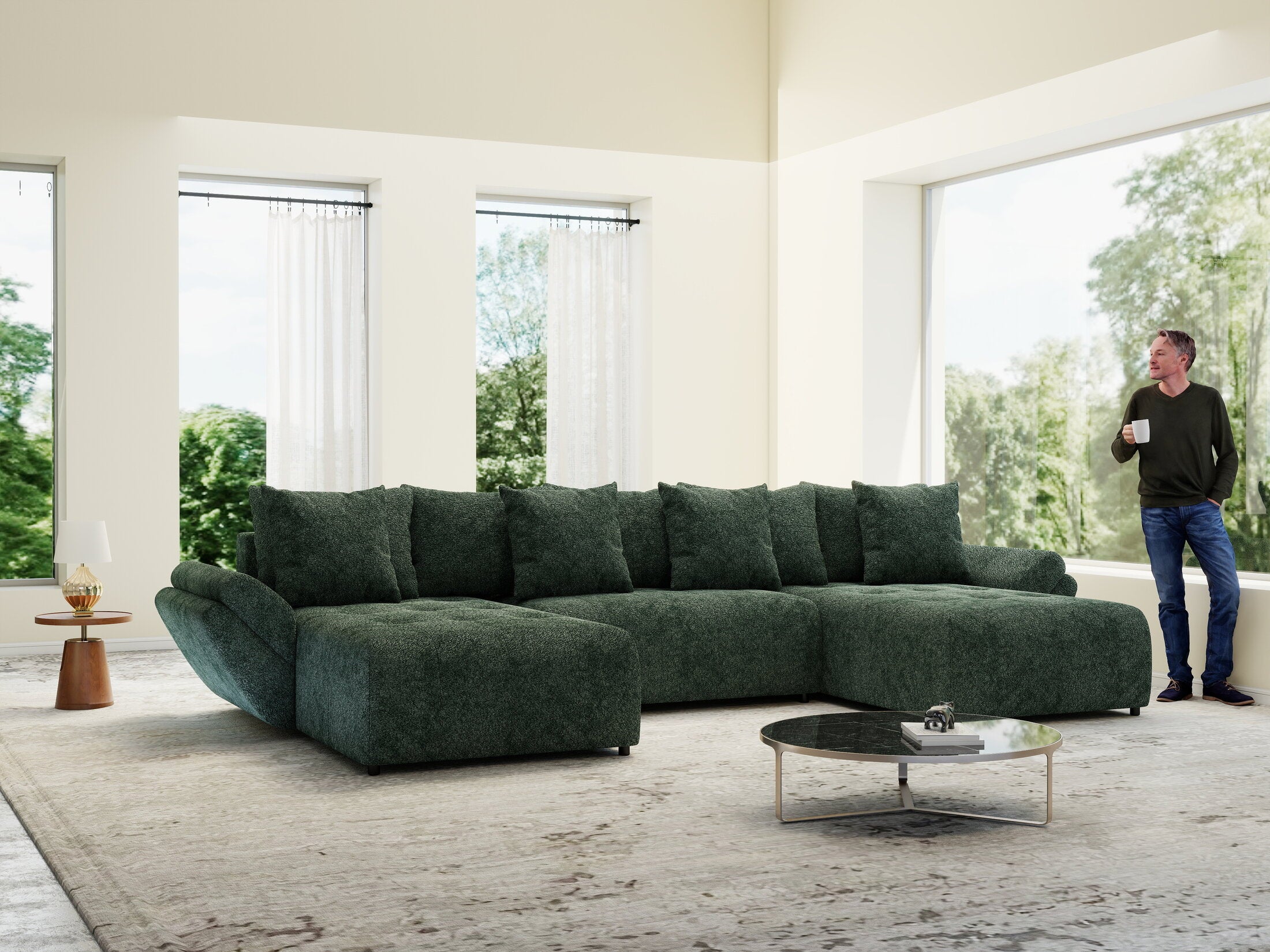 Colțar extensibil dumonde cu ladă de depozitare si sezut confortabil din spuma HR, Berlin U Euphoria Verde 380x180 cm