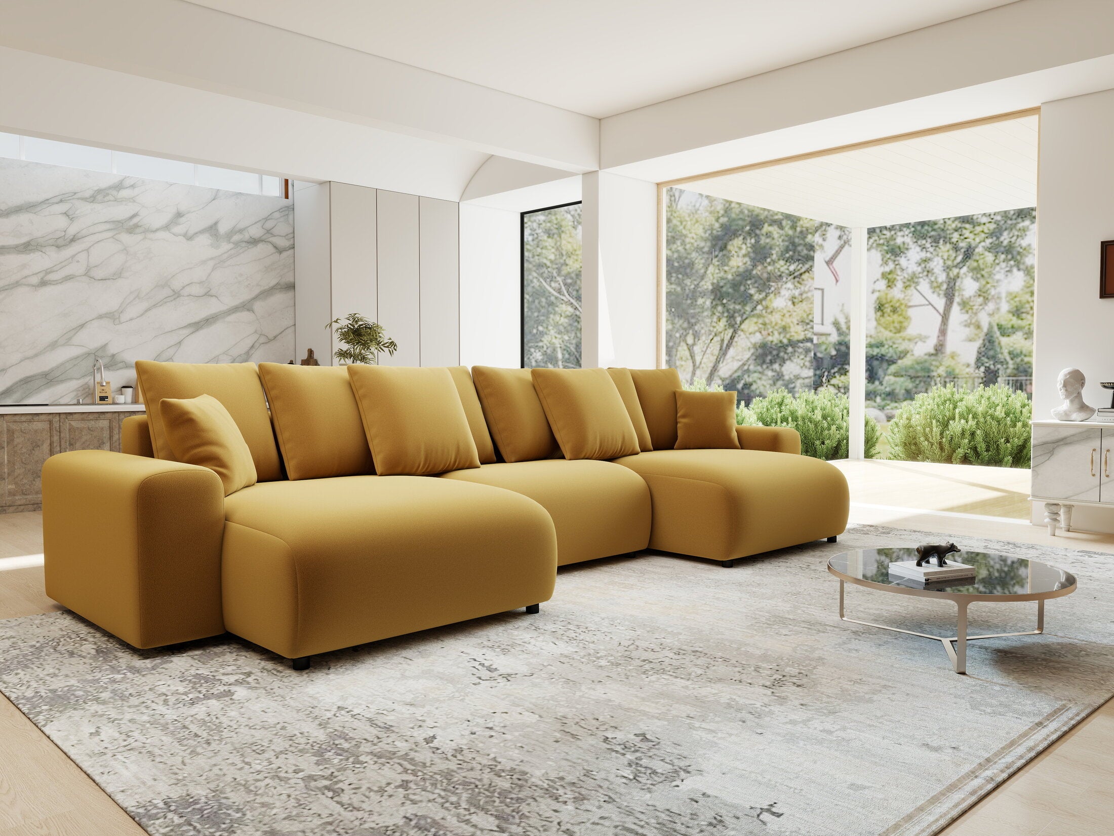 Colțar extensibil dumonde cu ladă de depozitare si sezut confortabil din spuma HR, Luma U Royal Mustar 336x140 cm