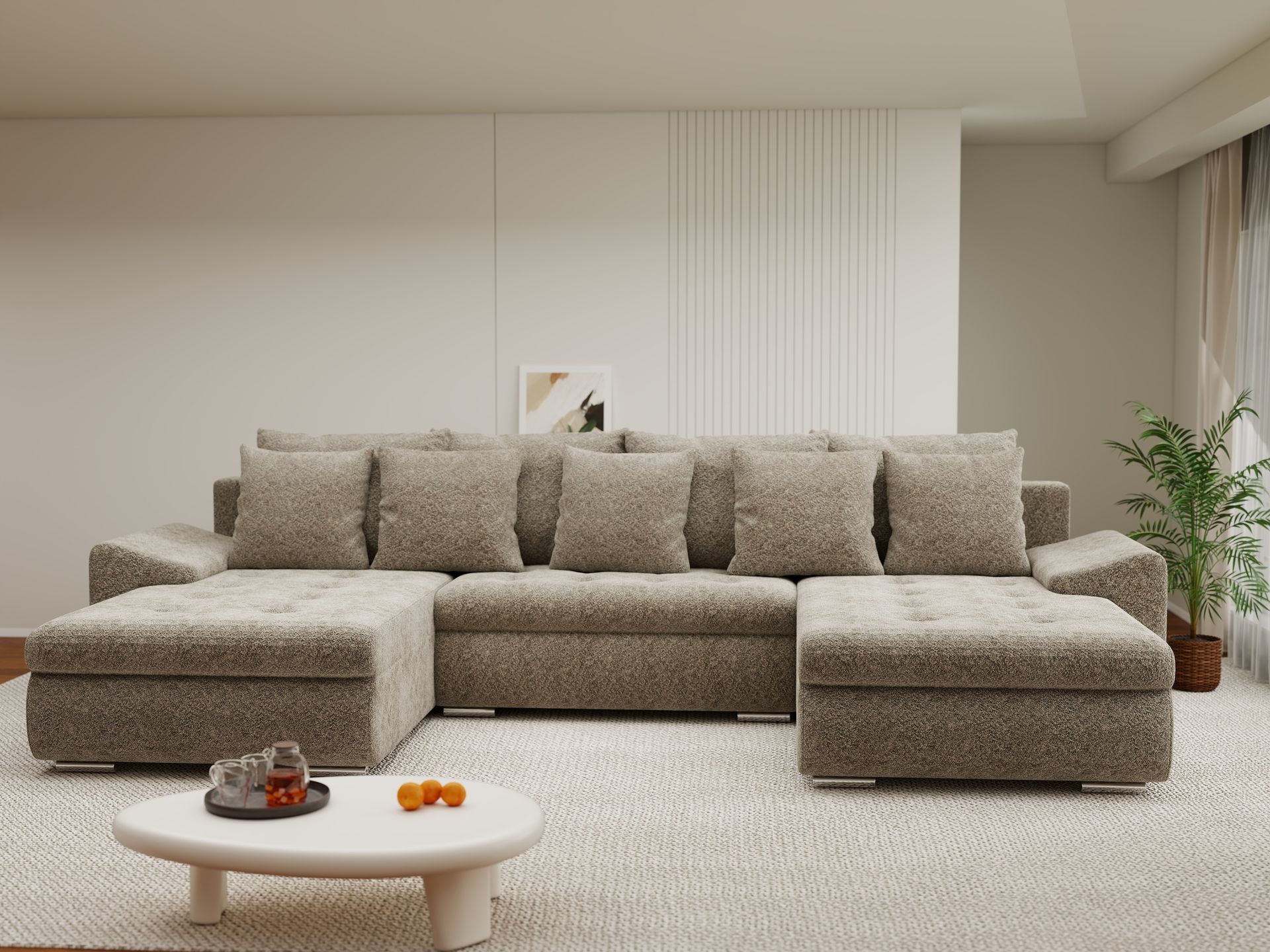 Colțar extensibil dumonde cu ladă de depozitare si sezut confortabil din spuma high-density, Leonardo U Arena Bej 04 360x185 cm