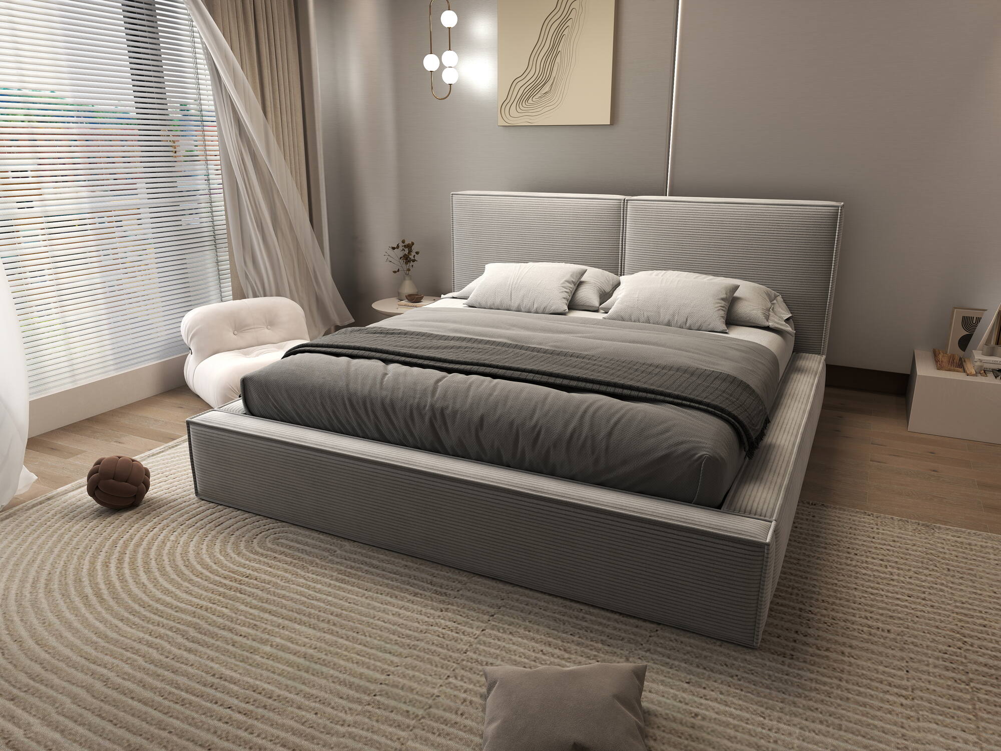 Pat dormitor dumonde, tapitat gri, Bogart 180x200 cm, somiera rabatabila inclusa, spatiu depozitare