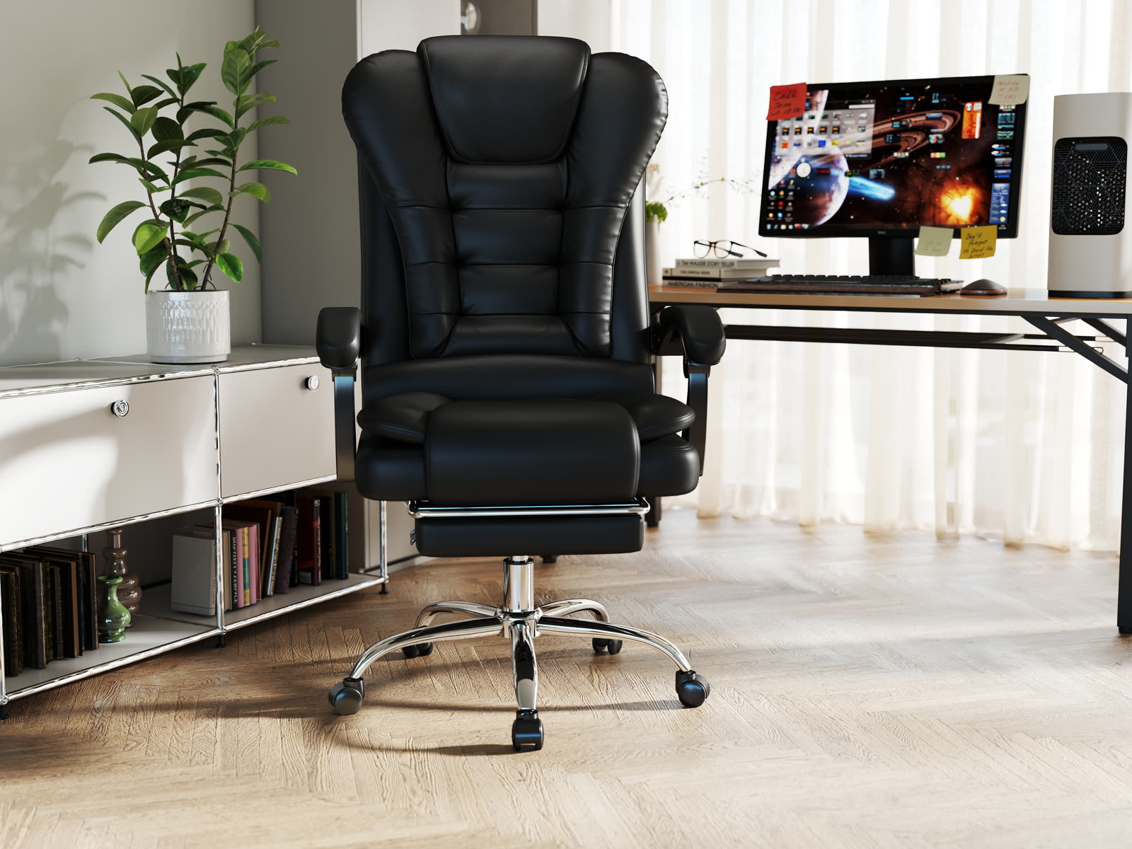 Scaun Directorial Dumonde OMEGA, cotiere 3D, mecanism multifuncțional, ecopiele, suport picioare, negru