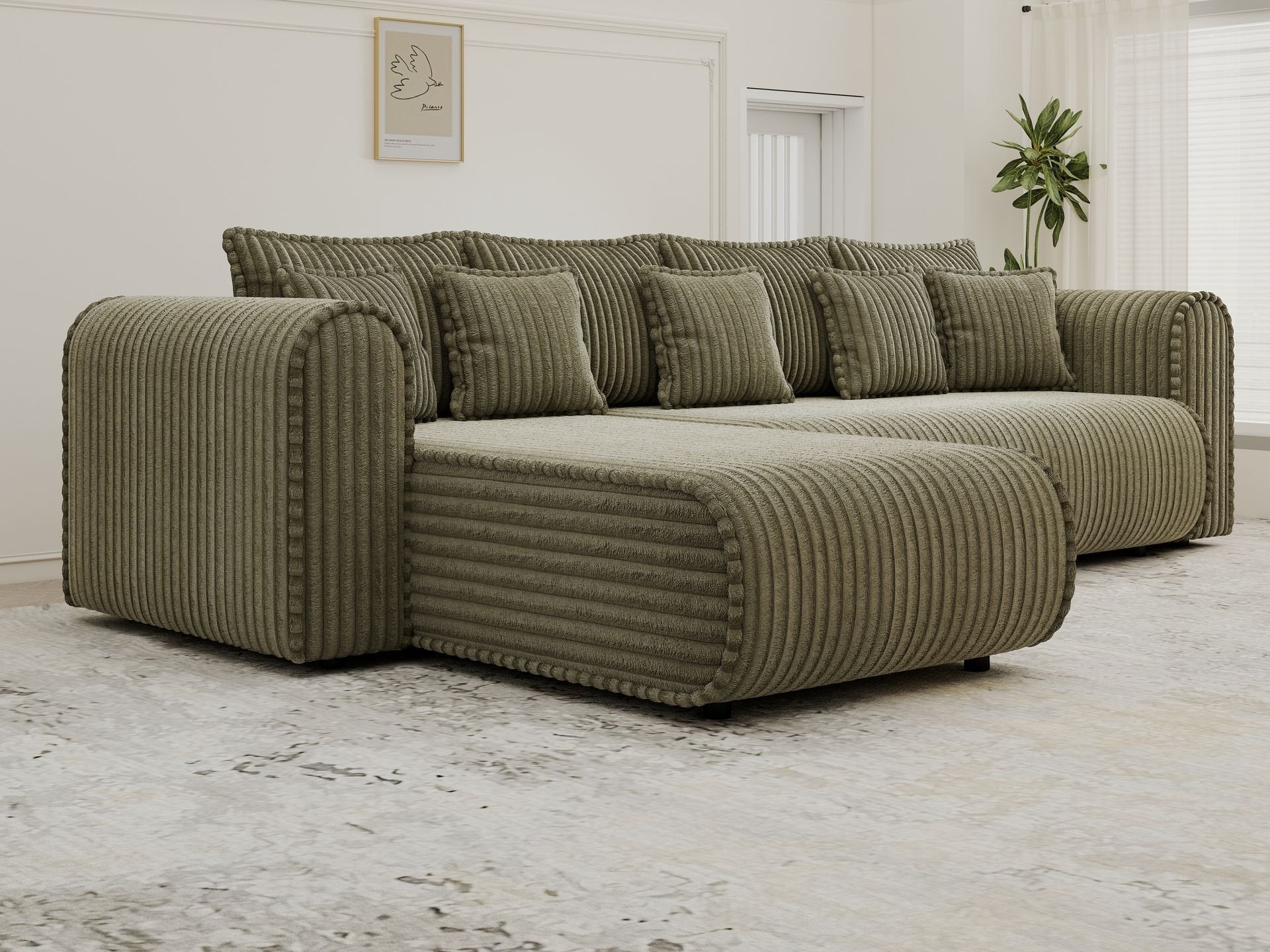 Colțar extensibil dumonde cu ladă de depozitare si sezut confortabil din spuma high-density, Monaco XL Tilia Olive 340x185 cm
