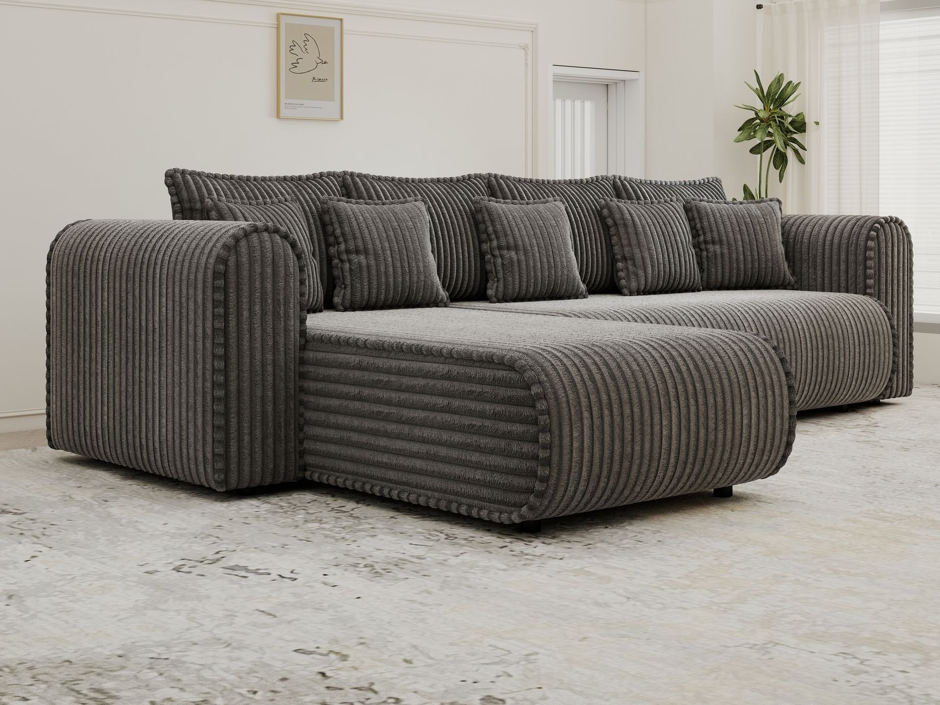 Colțar extensibil dumonde cu ladă de depozitare si sezut confortabil din spuma high-density, Monaco XL Tilia Grafit 340x185 cm