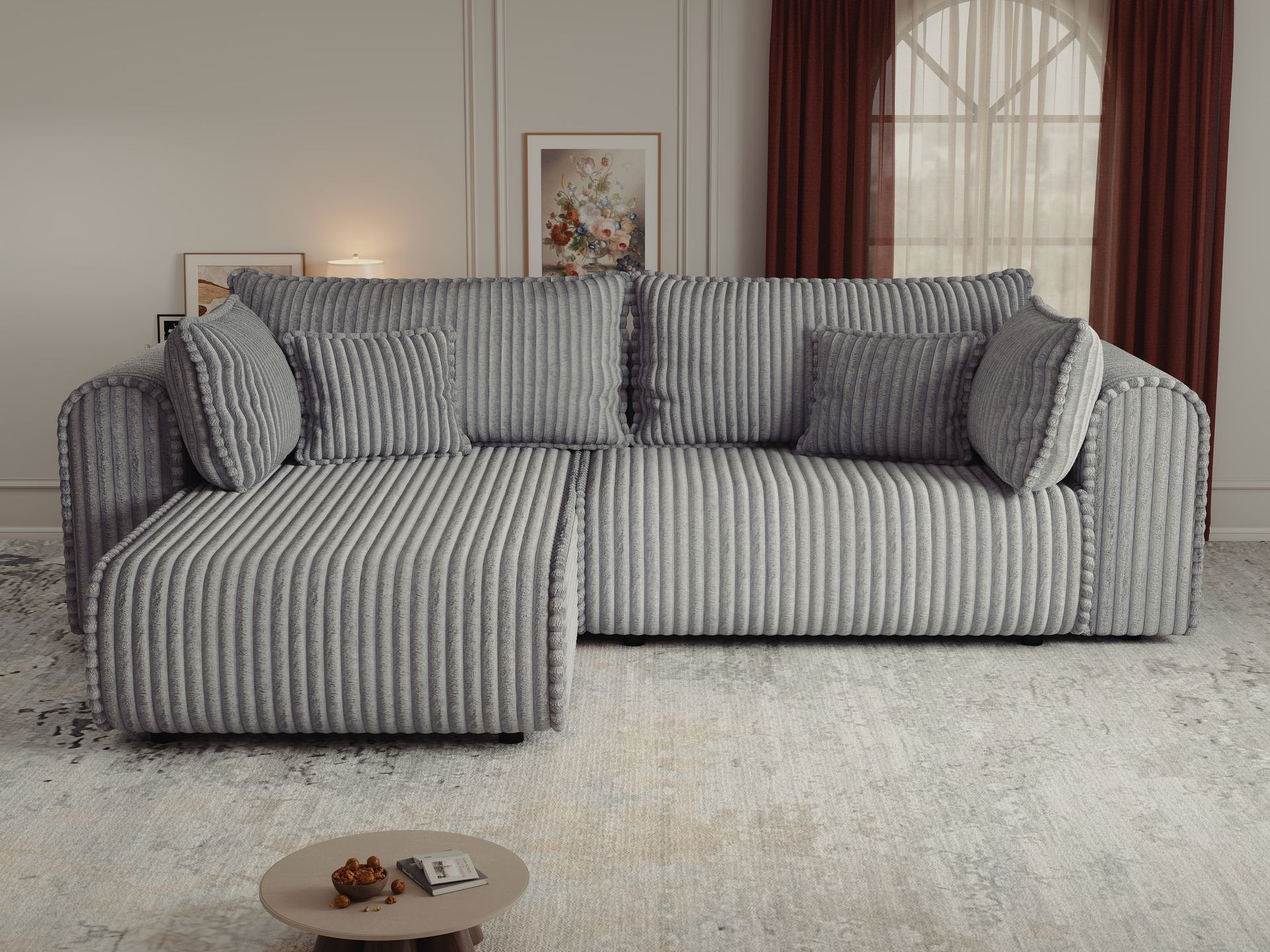Colțar extensibil dumonde cu ladă de depozitare si sezut confortabil din spuma high-density, Monaco L Tilia Dove 270x100 cm