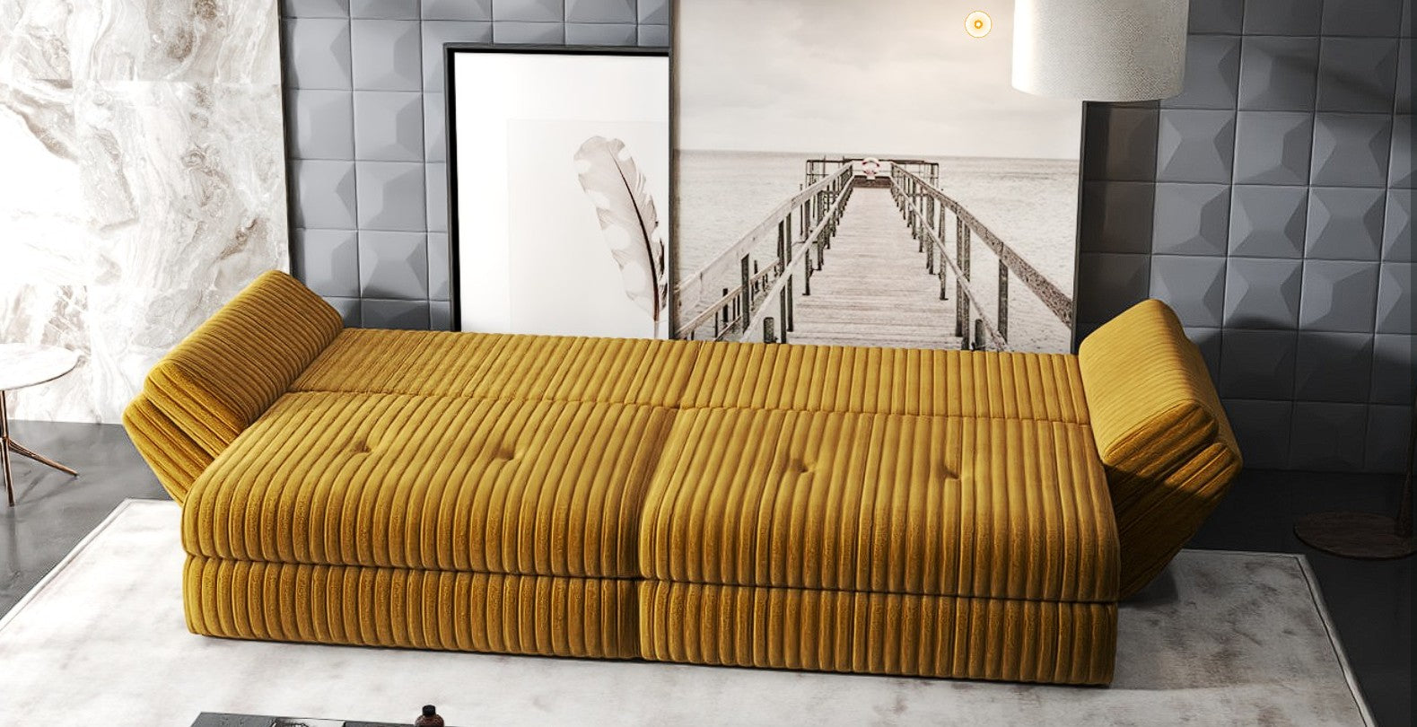 Canapea extensibilă dumonde cu ladă de depozitare si sezut confortabil din spuma HR, Loana Ambience Mustar 300x100 cm Fabrica