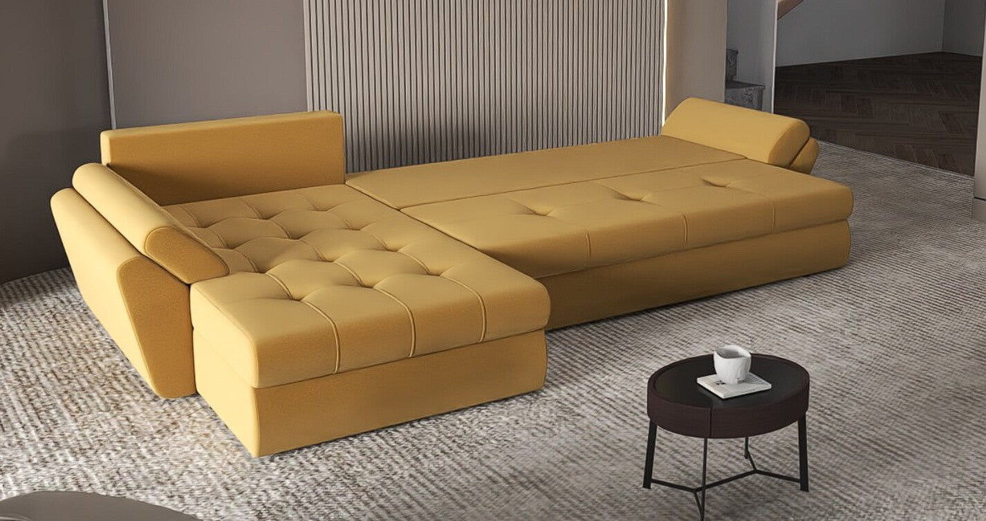 Colțar extensibil dumonde cu ladă de depozitare si sezut confortabil din spuma HR, Loana XL Royal Mustar II 335x185 cm Fabrica