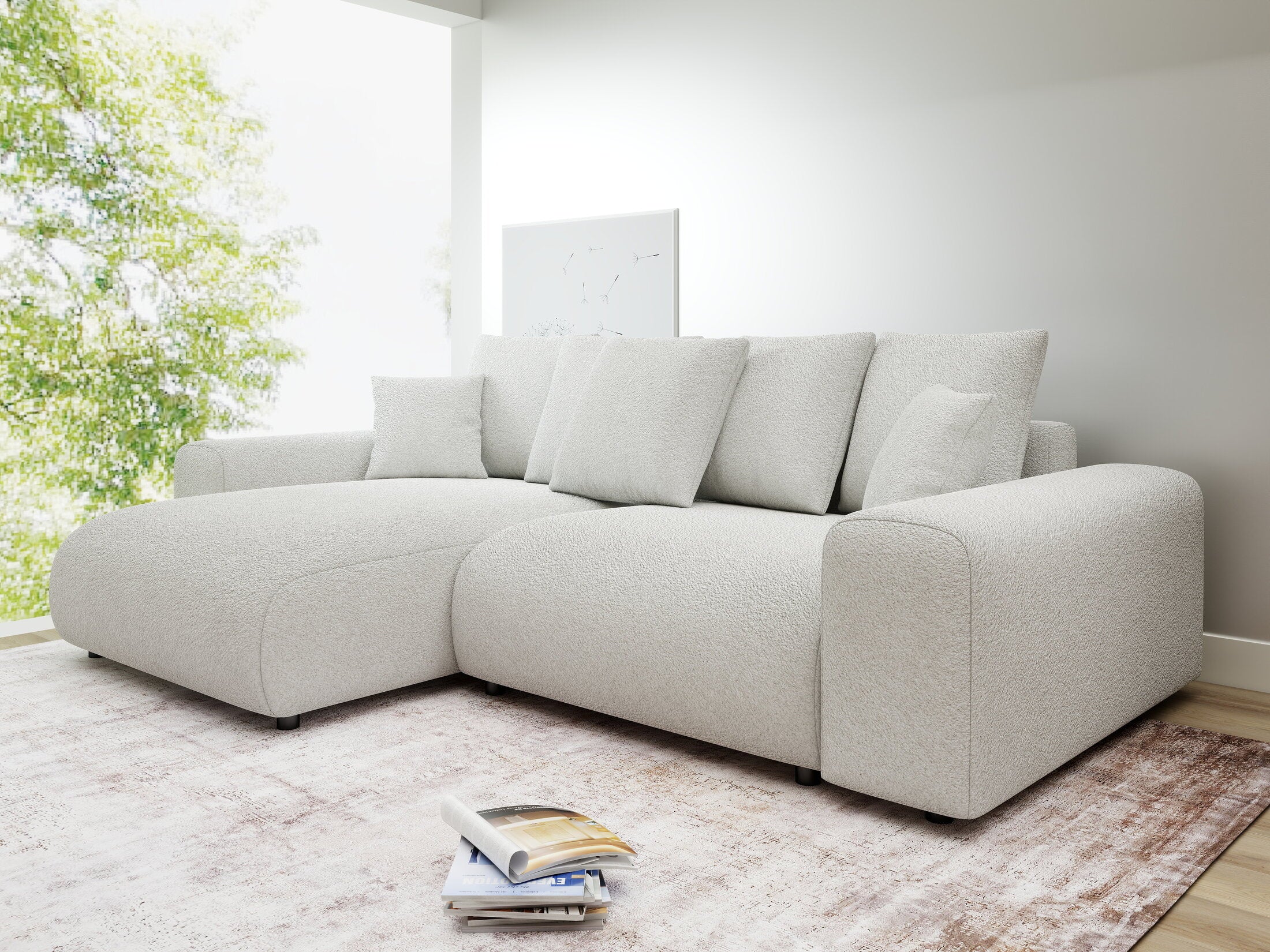 Colțar extensibil dumonde cu ladă de depozitare și șezut confortabil din spumă HR, Luma Euphoria Alb 255x168 cm