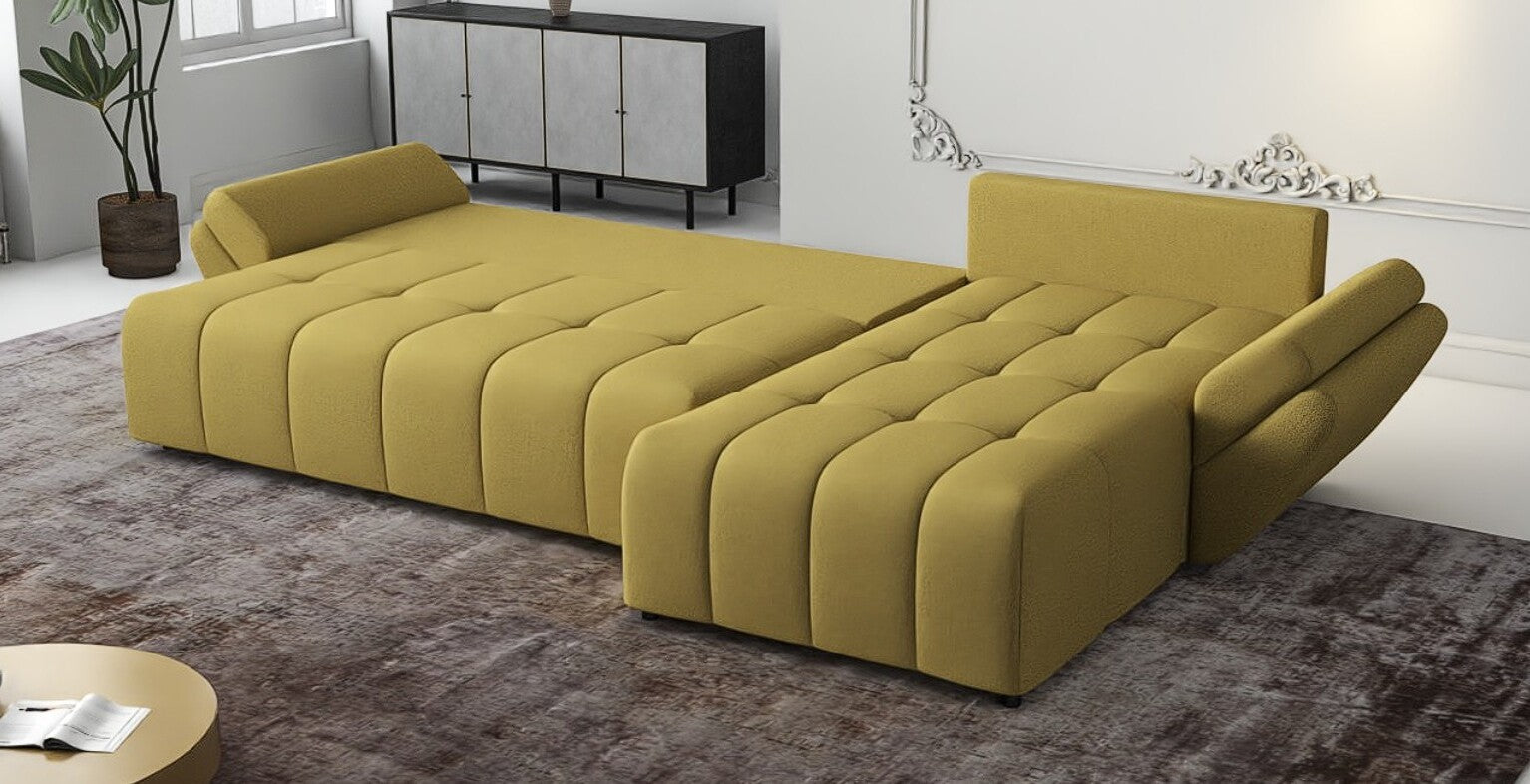 Colțar extensibil dumonde cu ladă de depozitare si sezut confortabil din spuma HR, Berlin XL Enjoy Melon 350x185 cm II Fabrica