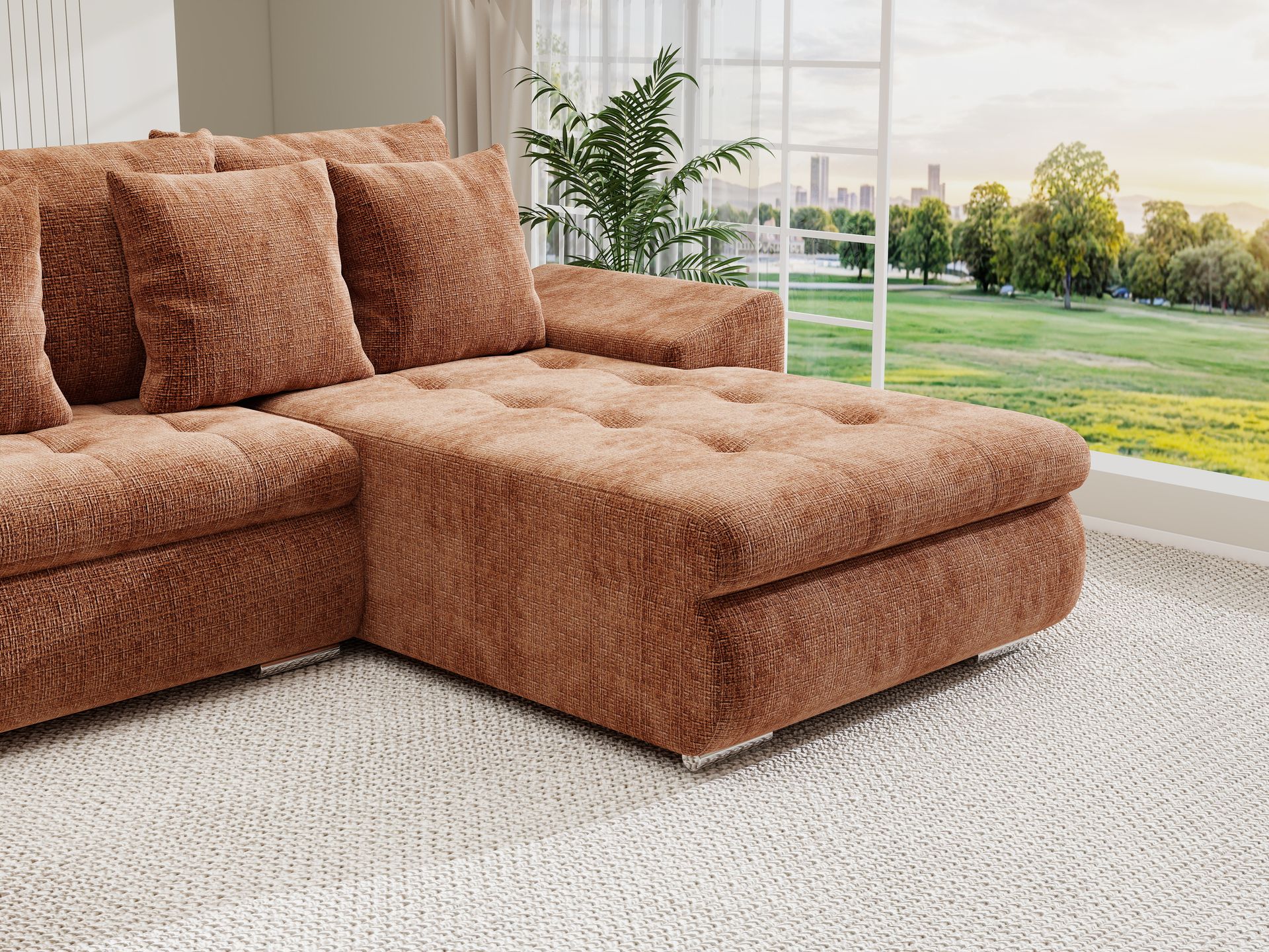 Colțar extensibil dumonde cu ladă de depozitare si sezut confortabil din spuma high-density, Leonardo U Cremona Teracota 52 360x185 cm