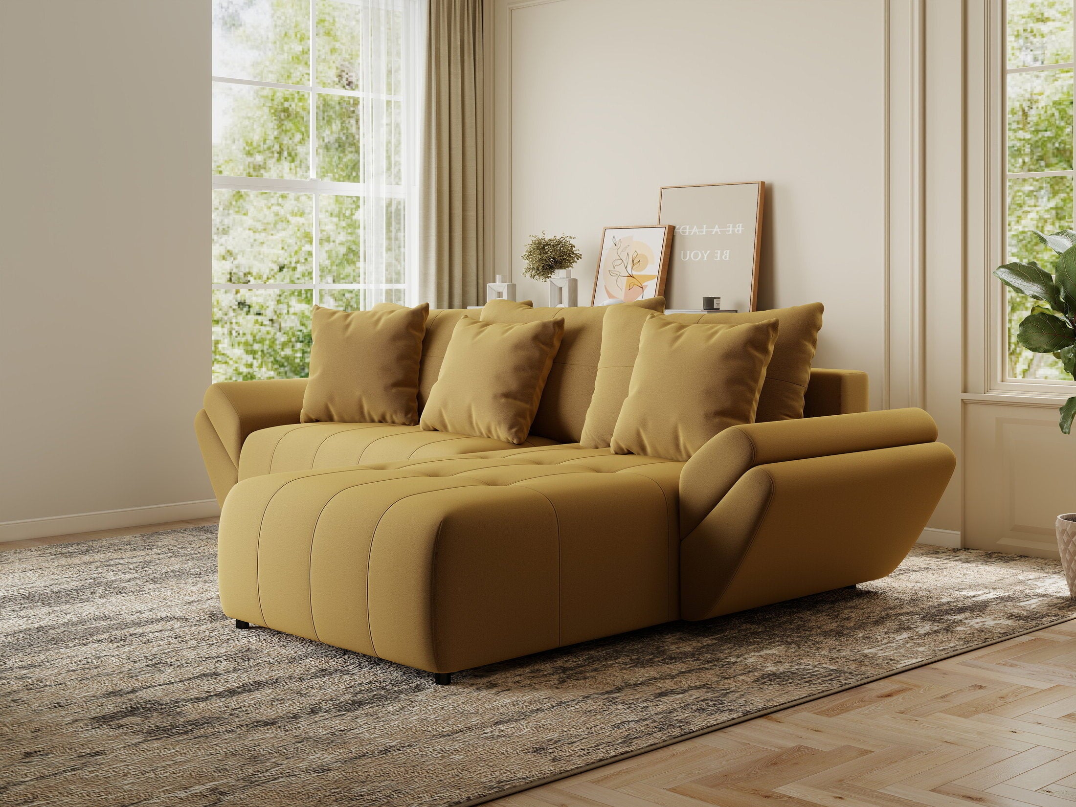 Colțar extensibil dumonde cu ladă de depozitare si sezut confortabil din spuma HR, Berlin Royal Galben Mustar 280x185 cm II