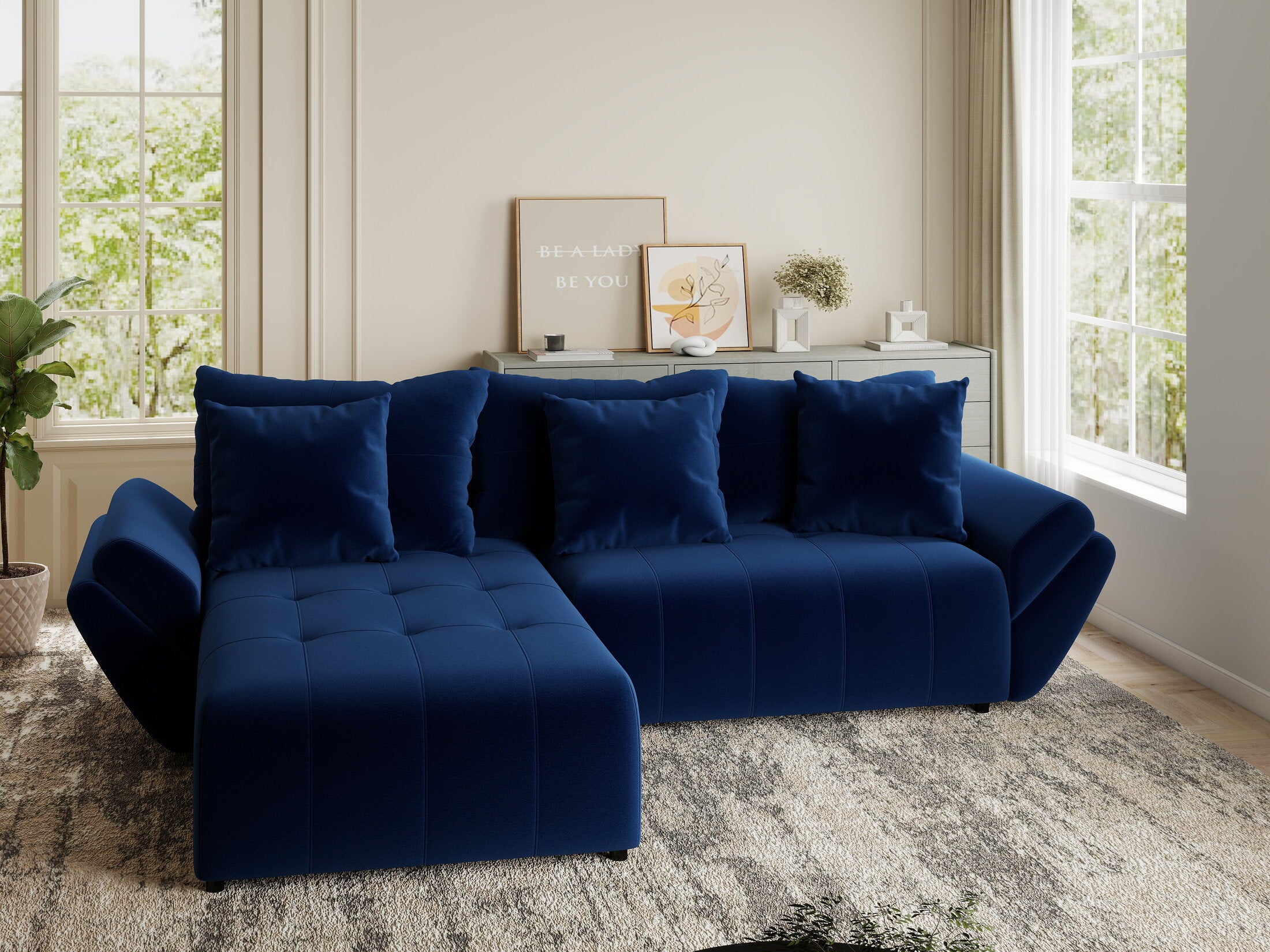 Colțar extensibil dumonde cu ladă de depozitare si sezut confortabil din spuma HR, Berlin Royal Albastru Navy 280x185 cm