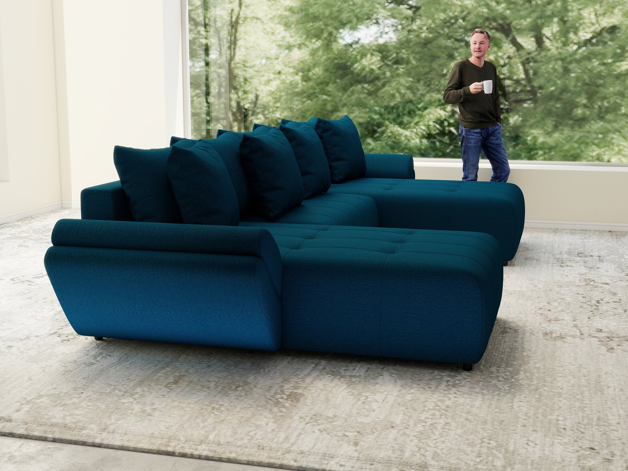 Colțar extensibil dumonde cu ladă de depozitare si sezut confortabil din spuma HR, Berlin U Enjoy Verde Petrol 380x180 cm