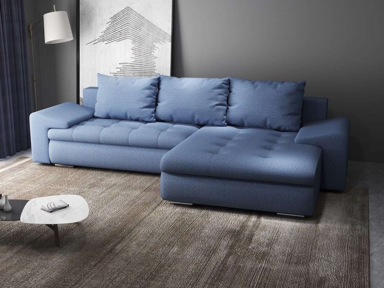 Colțar extensibil dumonde cu ladă de depozitare si sezut confortabil din spuma HR, Leonardo Enjoy Albastru 260x185 cm II Fabrica