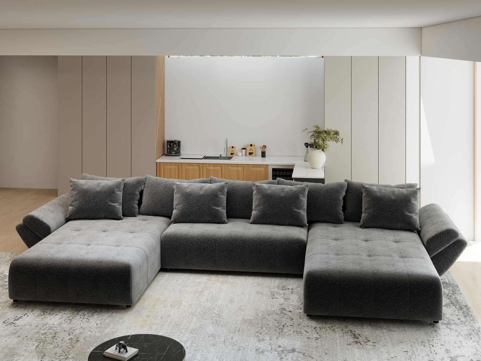 Colțar extensibil dumonde cu ladă de depozitare si sezut confortabil din spuma high-density, Berlin U Quelle Gri 92 380x180 cm