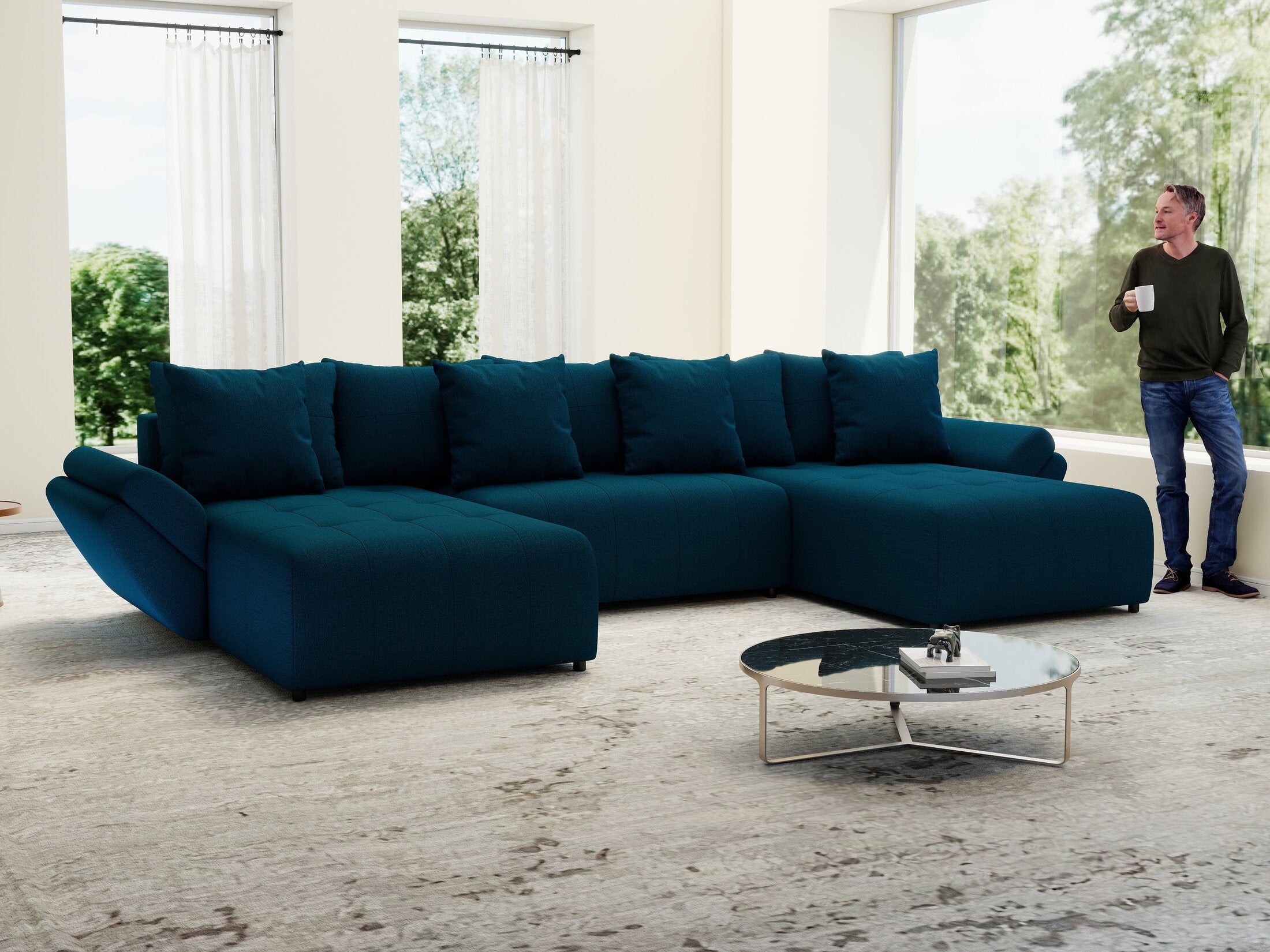 Colțar extensibil dumonde cu ladă de depozitare si sezut confortabil din spuma HR, Berlin U Enjoy Verde Petrol 380x180 cm