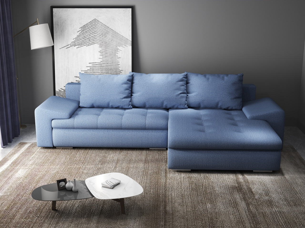 Colțar extensibil dumonde cu ladă de depozitare si sezut confortabil din spuma HR, Leonardo Enjoy Albastru 260x185 cm II Fabrica