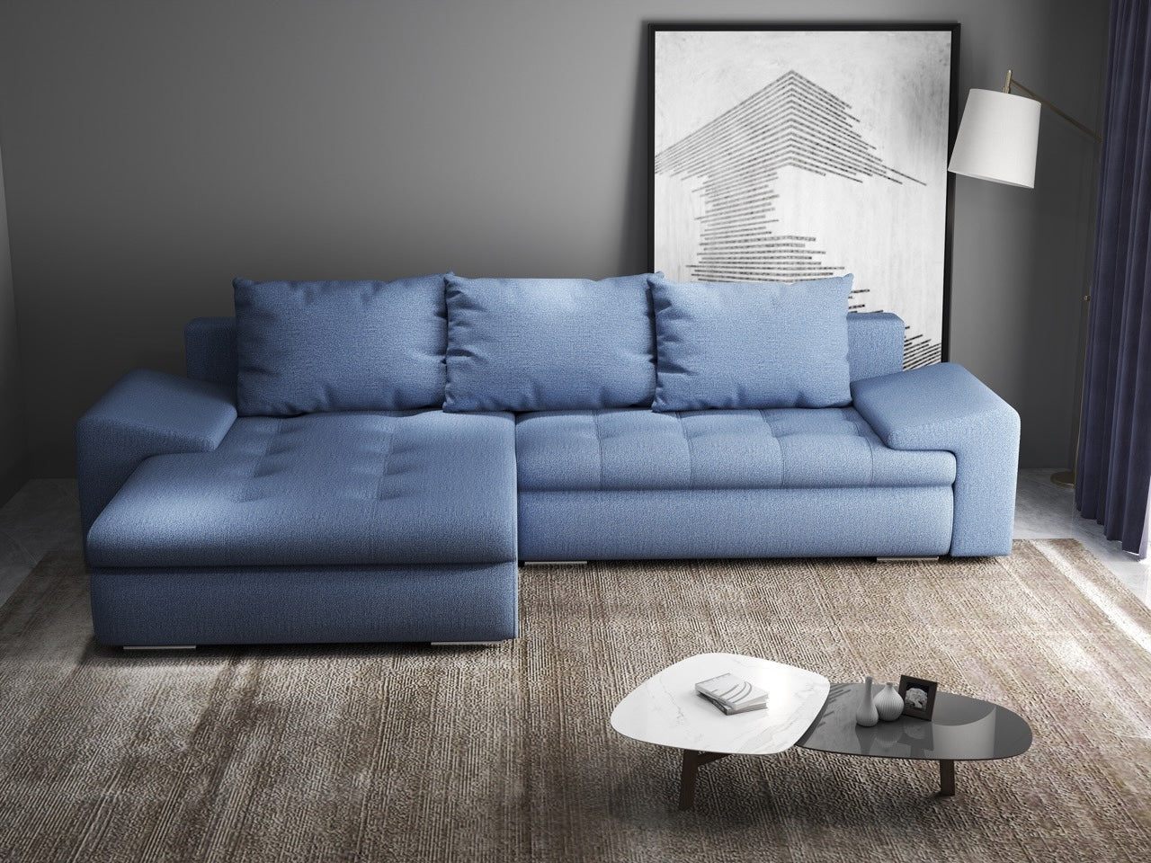 Colțar extensibil dumonde cu ladă de depozitare si sezut confortabil din spuma HR, Leonardo Enjoy Albastru 260x185 cm Fabrica