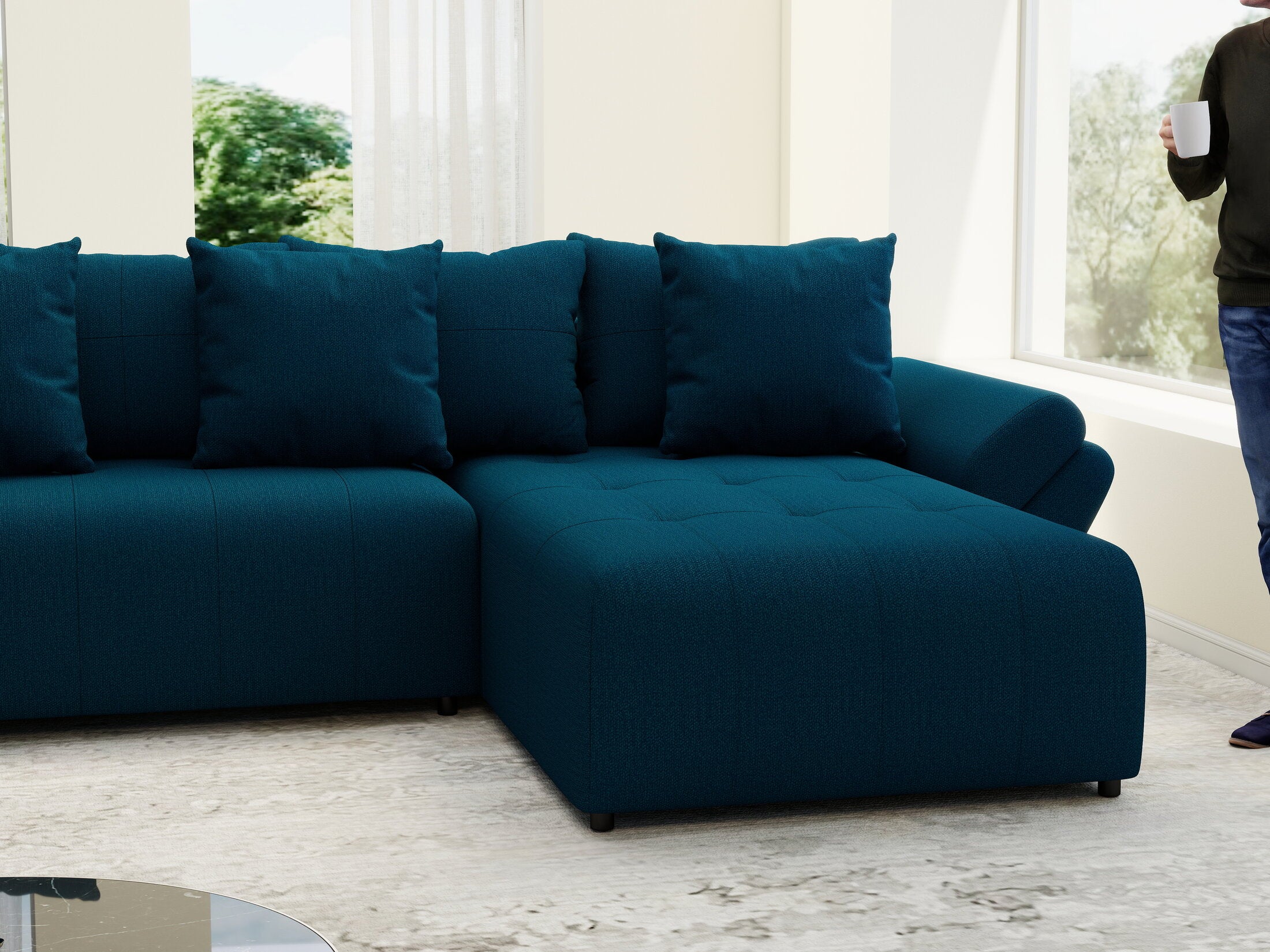 Colțar extensibil dumonde cu ladă de depozitare si sezut confortabil din spuma HR, Berlin U Enjoy Verde Petrol 380x180 cm