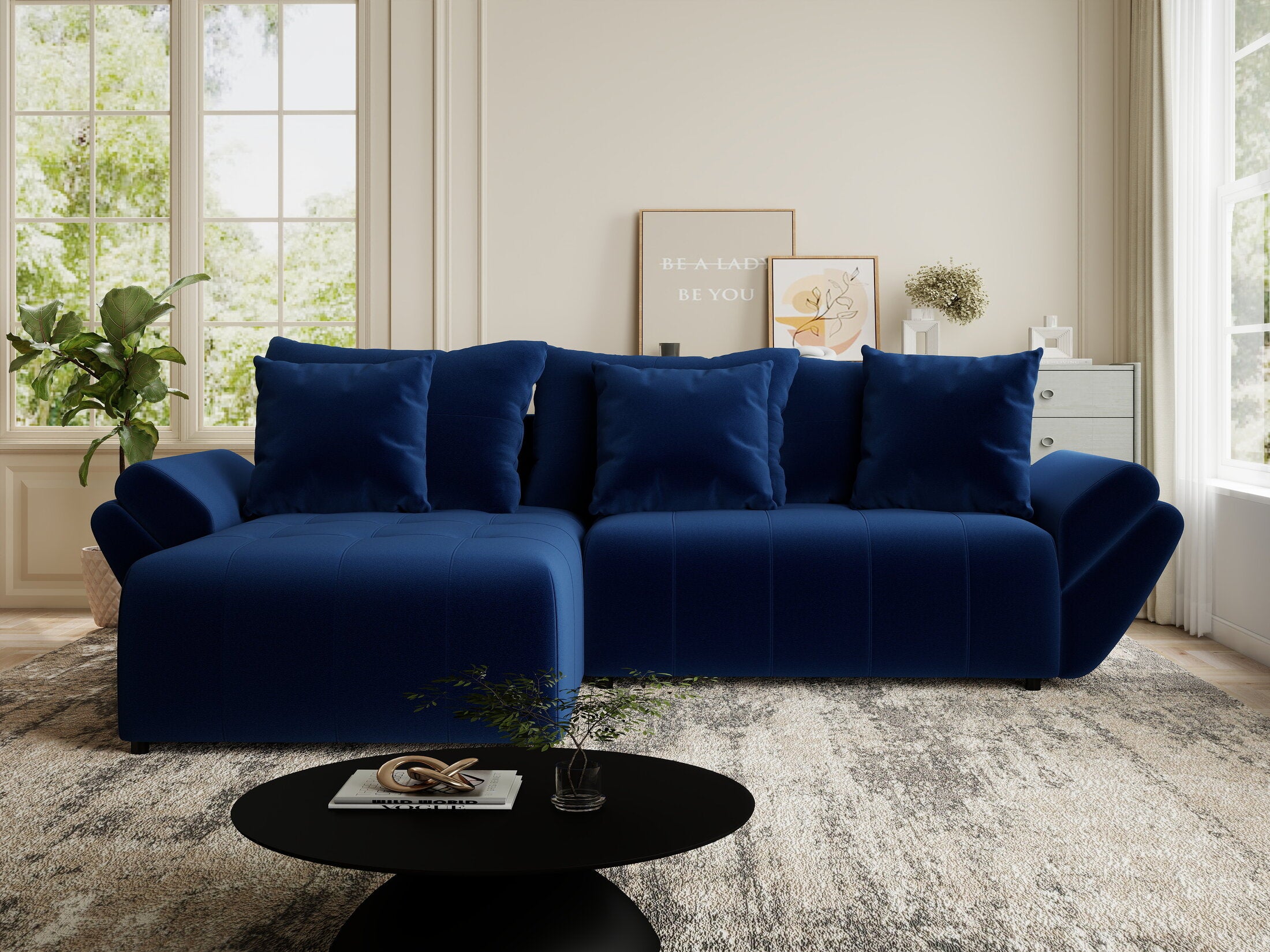 Colțar extensibil dumonde cu ladă de depozitare si sezut confortabil din spuma HR, Berlin Royal Albastru Navy 280x185 cm