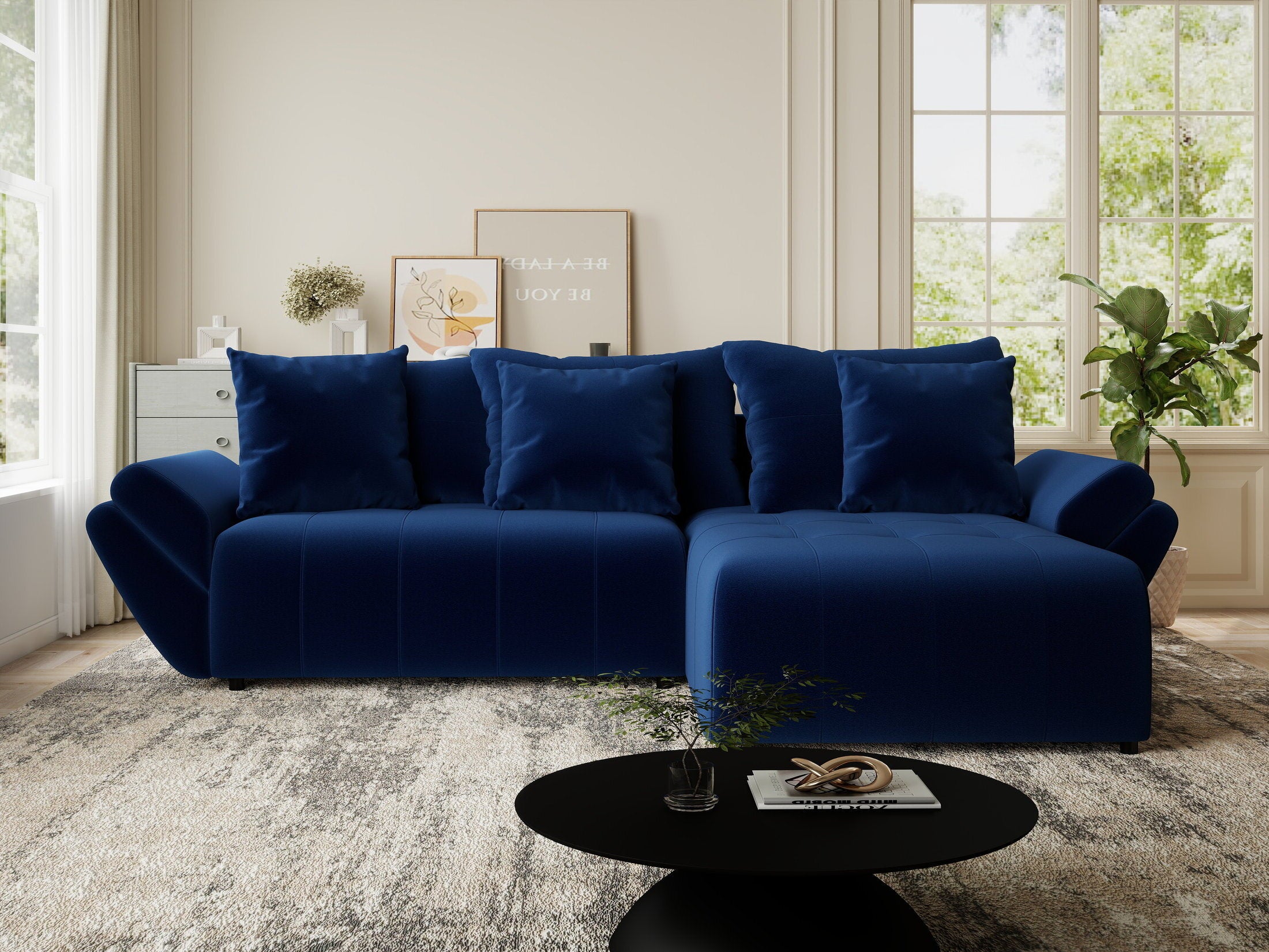 Colțar extensibil dumonde cu ladă de depozitare si sezut confortabil din spuma HR, Berlin Royal Albastru Navy 280x185 cm II