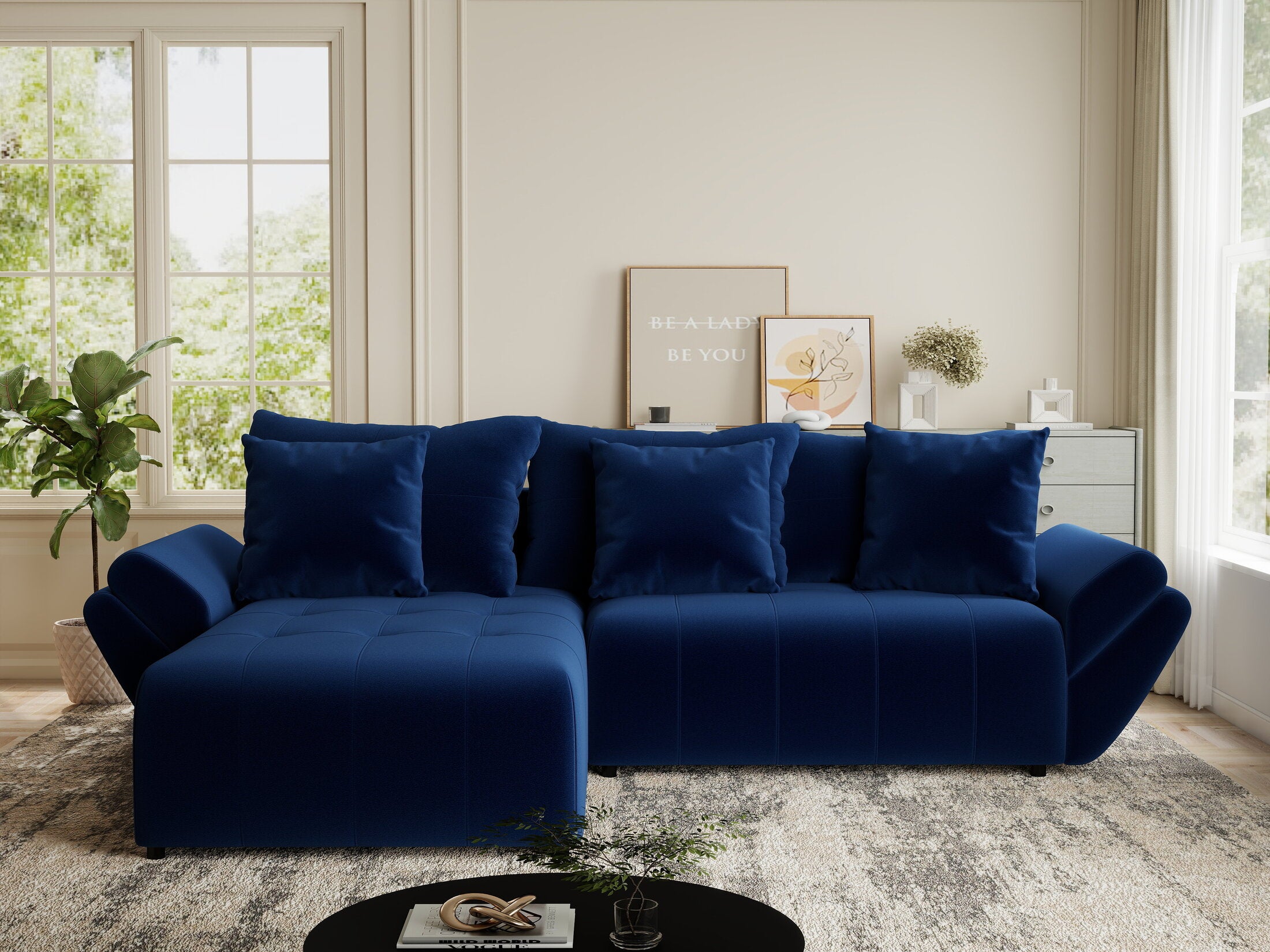 Colțar extensibil dumonde cu ladă de depozitare si sezut confortabil din spuma HR, Berlin Royal Albastru Navy 280x185 cm