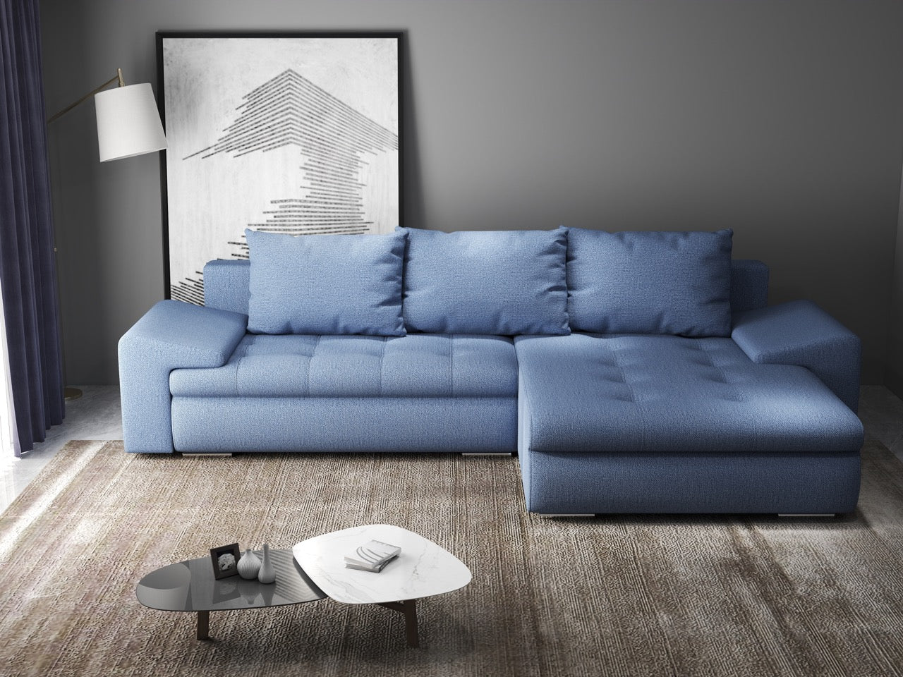 Colțar extensibil dumonde cu ladă de depozitare si sezut confortabil din spuma HR, Leonardo Enjoy Albastru 260x185 cm II Fabrica