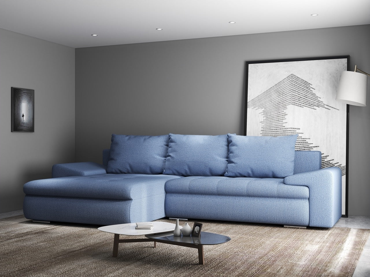 Colțar extensibil dumonde cu ladă de depozitare si sezut confortabil din spuma HR, Leonardo Enjoy Albastru 260x185 cm Fabrica