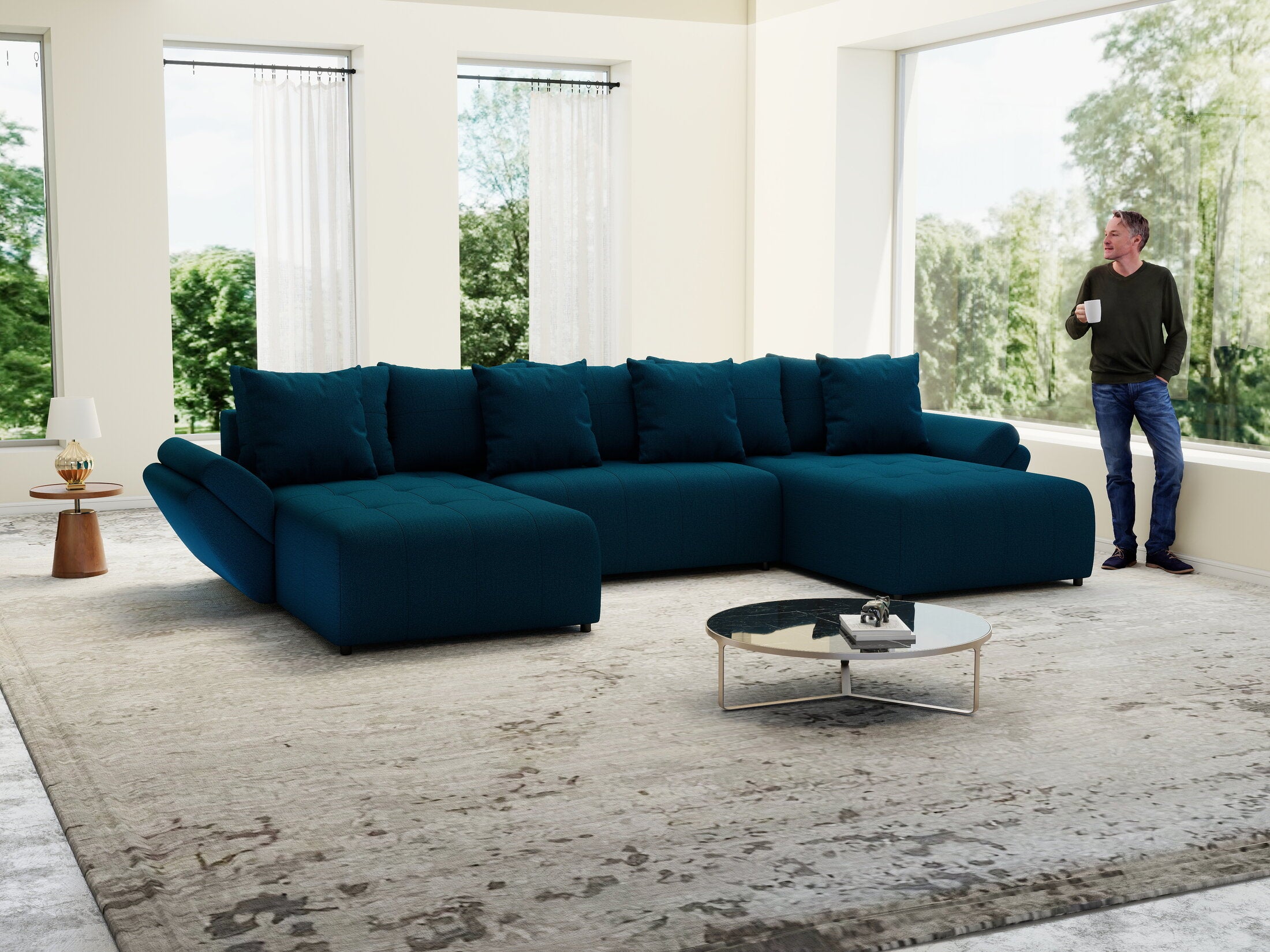 Colțar extensibil dumonde cu ladă de depozitare si sezut confortabil din spuma HR, Berlin U Enjoy Verde Petrol 380x180 cm