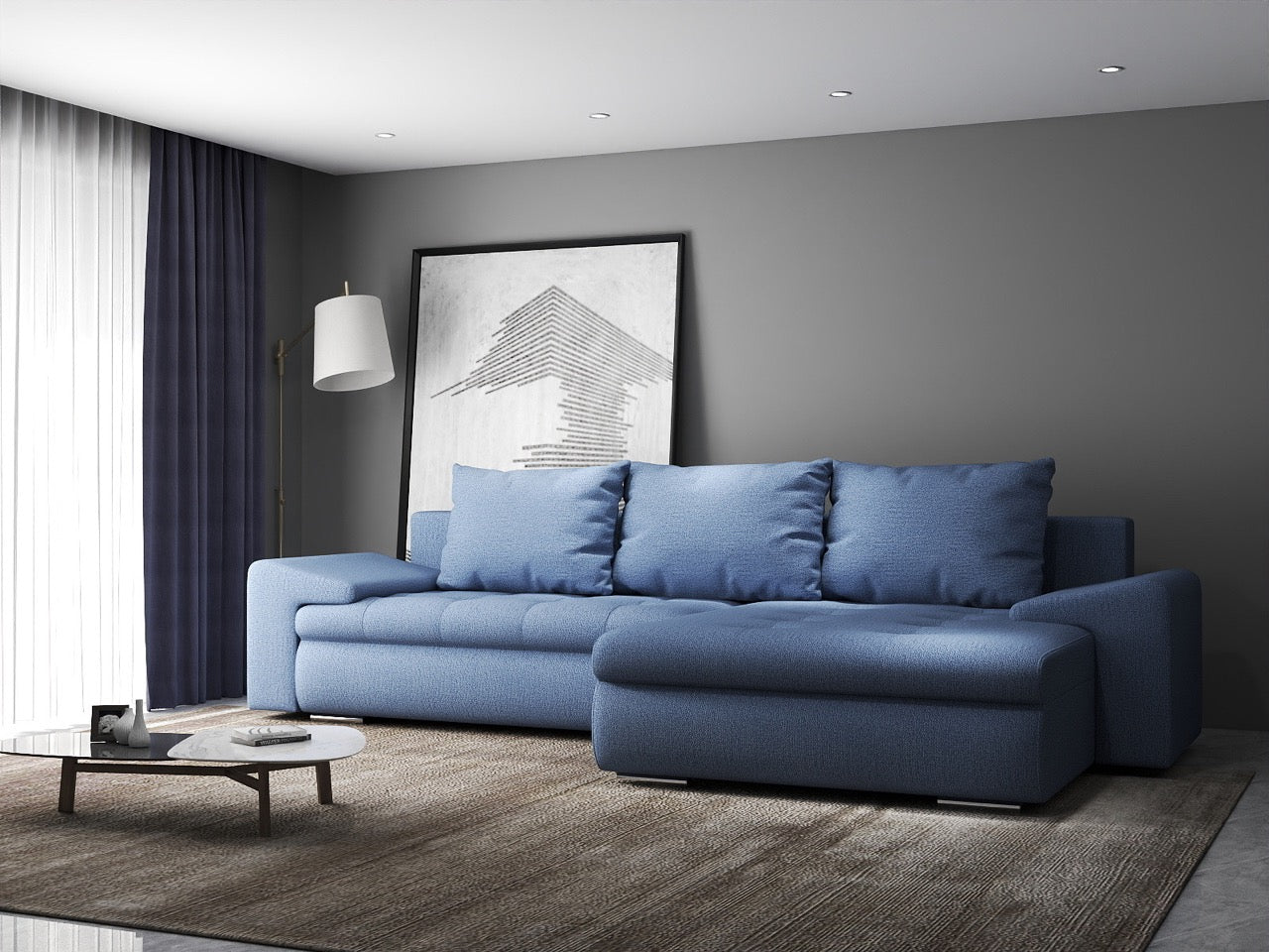 Colțar extensibil dumonde cu ladă de depozitare si sezut confortabil din spuma HR, Leonardo Enjoy Albastru 260x185 cm II Fabrica