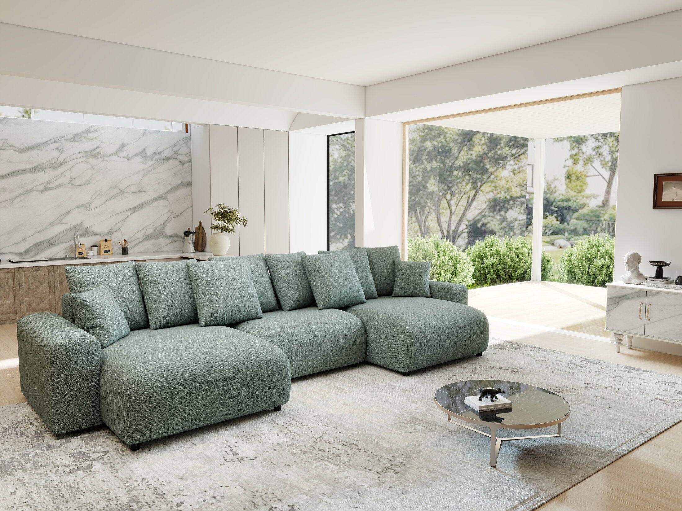 Colțar extensibil dumonde cu ladă de depozitare si sezut confortabil din spuma HR, Luma U Enjoy Verde Mint 336x140 cm