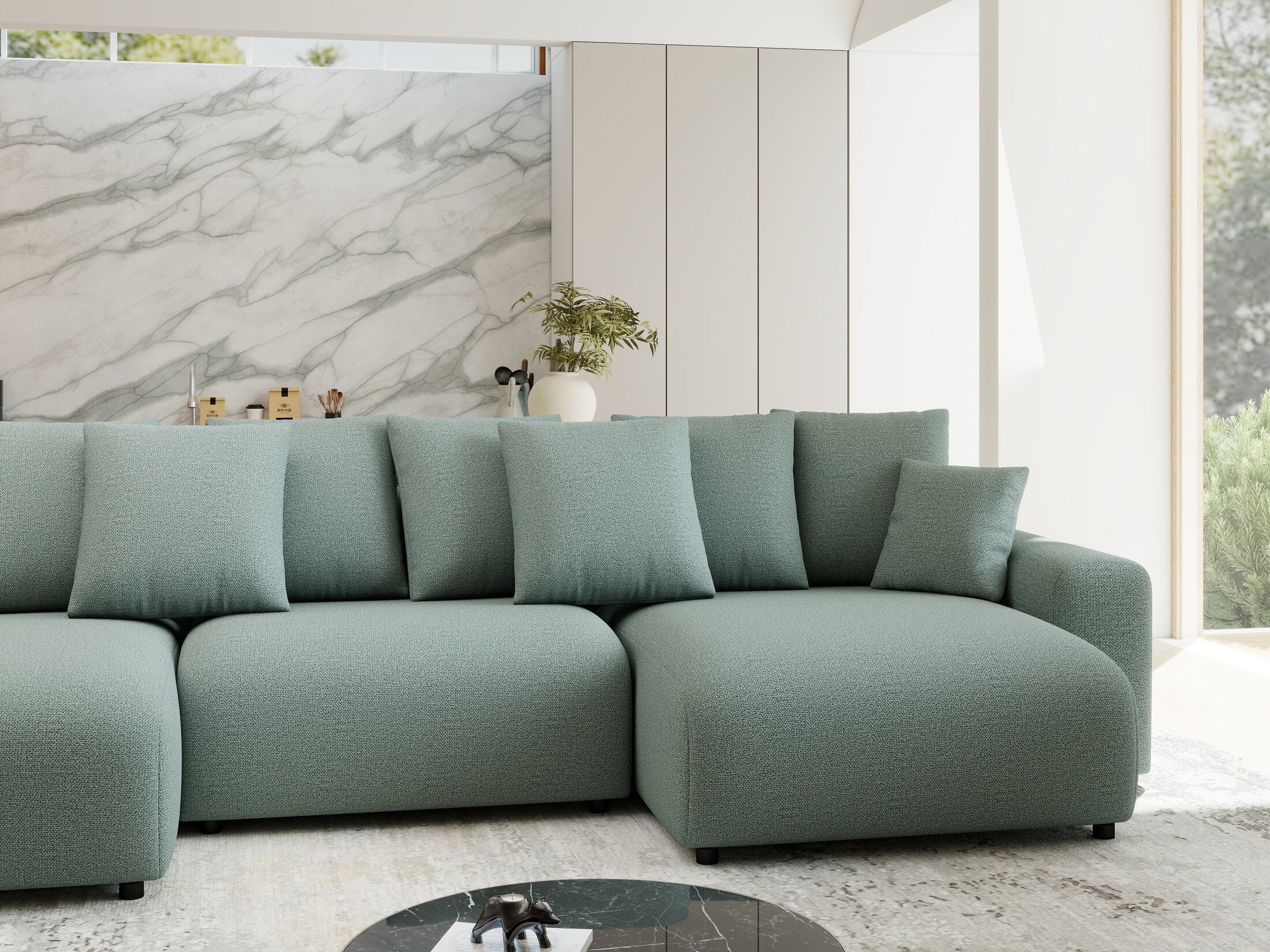 Colțar extensibil dumonde cu ladă de depozitare si sezut confortabil din spuma HR, Luma U Enjoy Verde Mint 336x140 cm