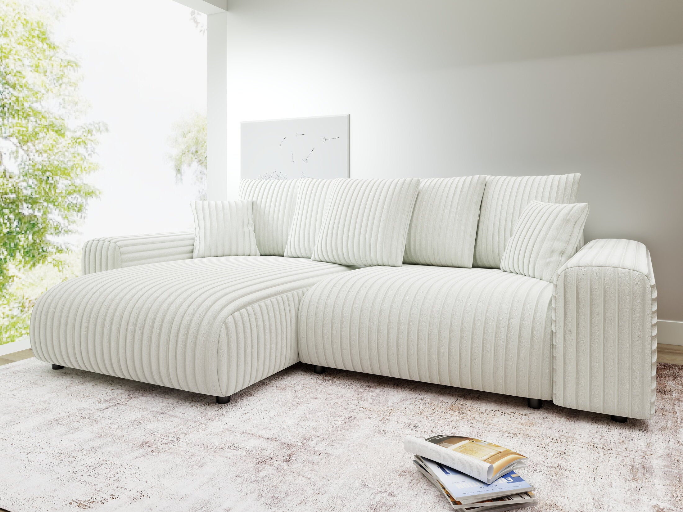 Colțar extensibil dumonde cu ladă de depozitare și șezut confortabil din spumă HR, Luma Ambience Alb 255x168 cm