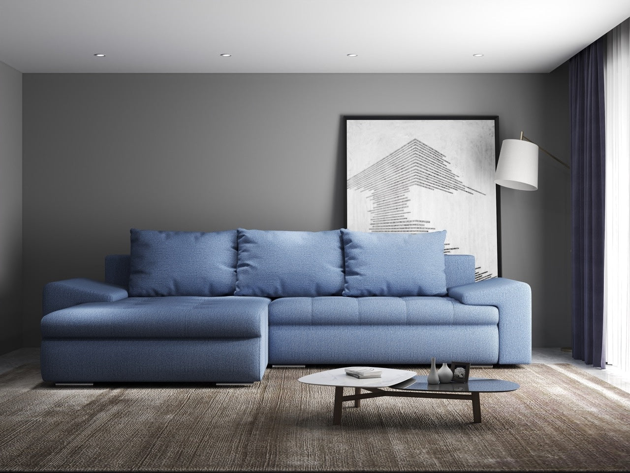 Colțar extensibil dumonde cu ladă de depozitare si sezut confortabil din spuma HR, Leonardo Enjoy Albastru 260x185 cm Fabrica